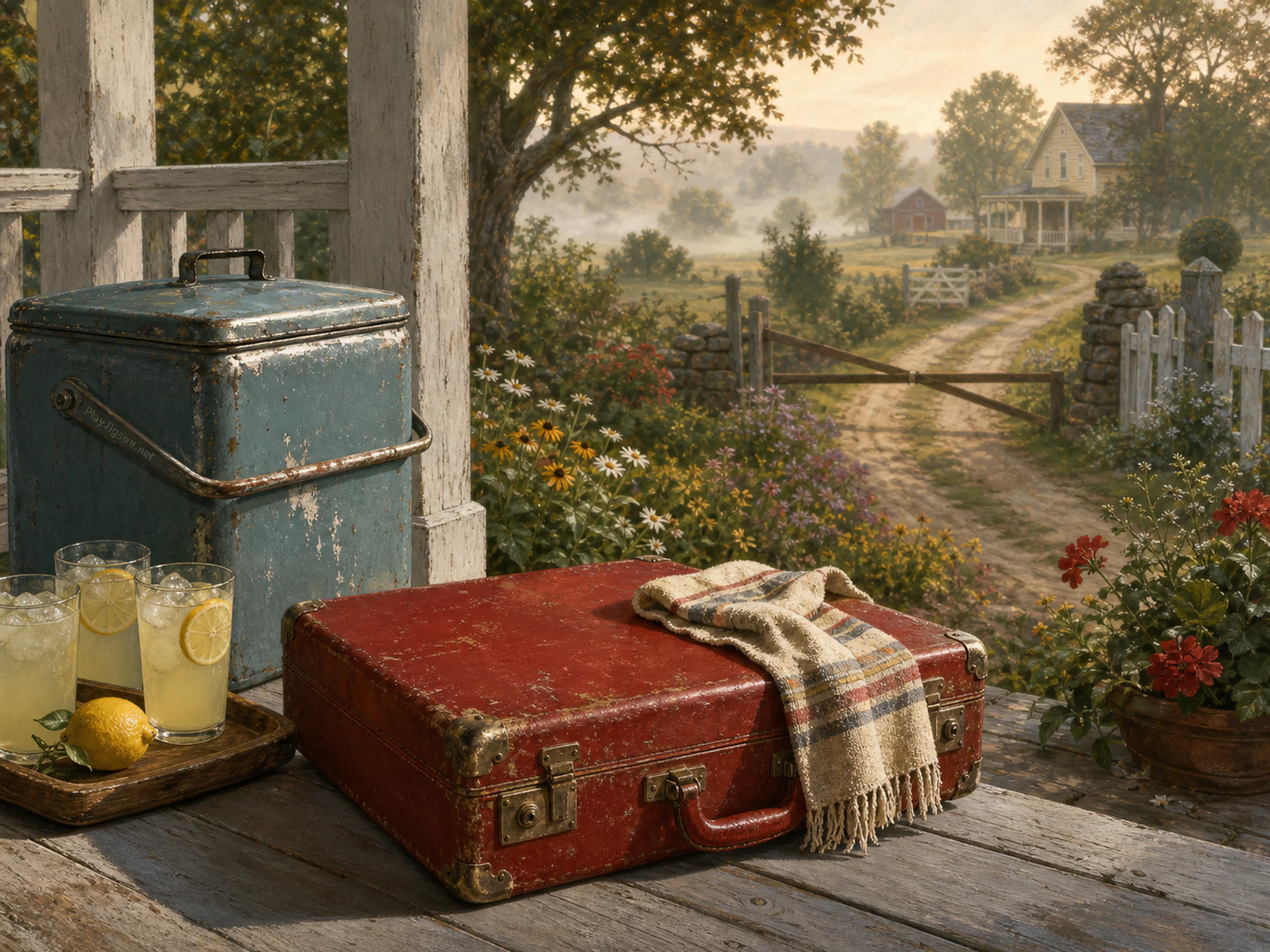 red suitcase platform arranged naturally beside an enamel drink cooler in a summer lemonade veranda beside a residential garden, with familiar objects and calm misty dawn.
