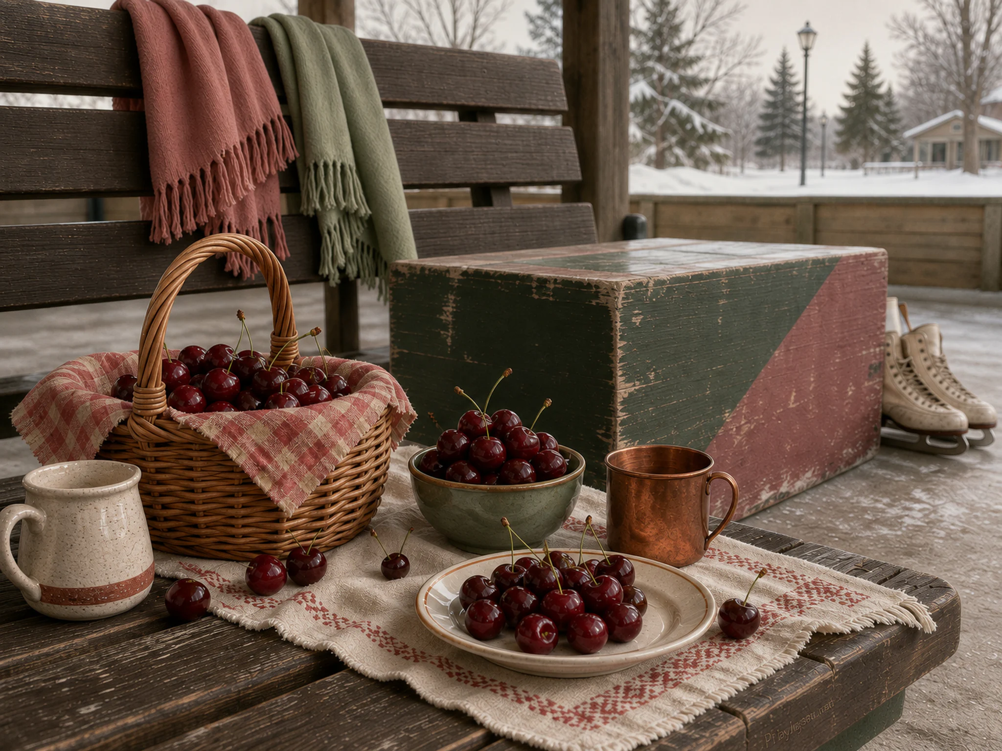 cherry picnic arranged naturally beside a painted skate box in a winter skate-shelter bench with scarves and no people, with familiar objects and soft overcast afternoon.
