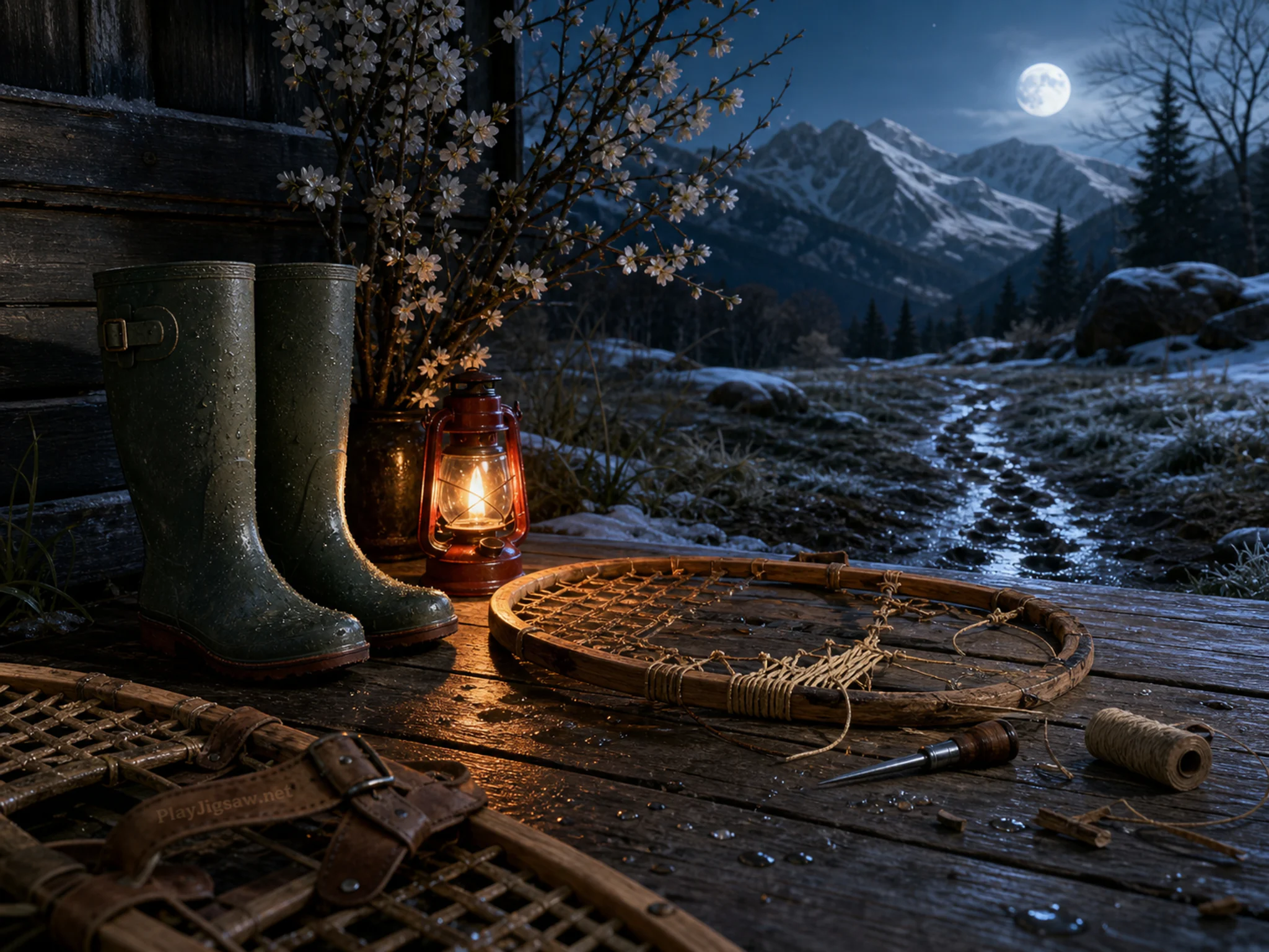 Rain Boot Porch glowing around small lantern frame in a carefully decorated new-year room, composed as ground-level view with a tactile leading edge, a complete midground.