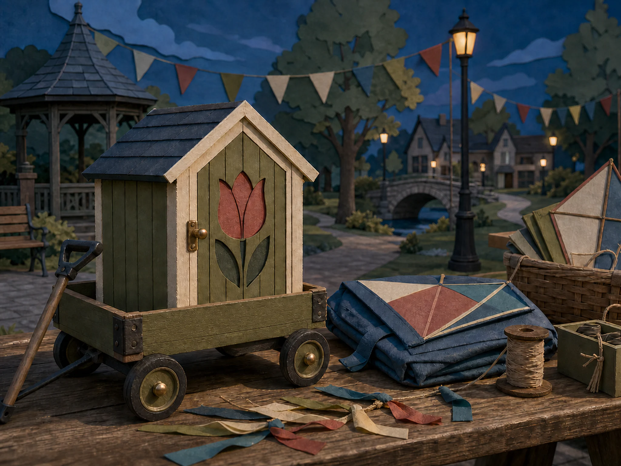 tulip tool shed arranged naturally beside a folded kite bag in a village park table being prepared for a kite festival, with familiar objects and cool blue-hour light.