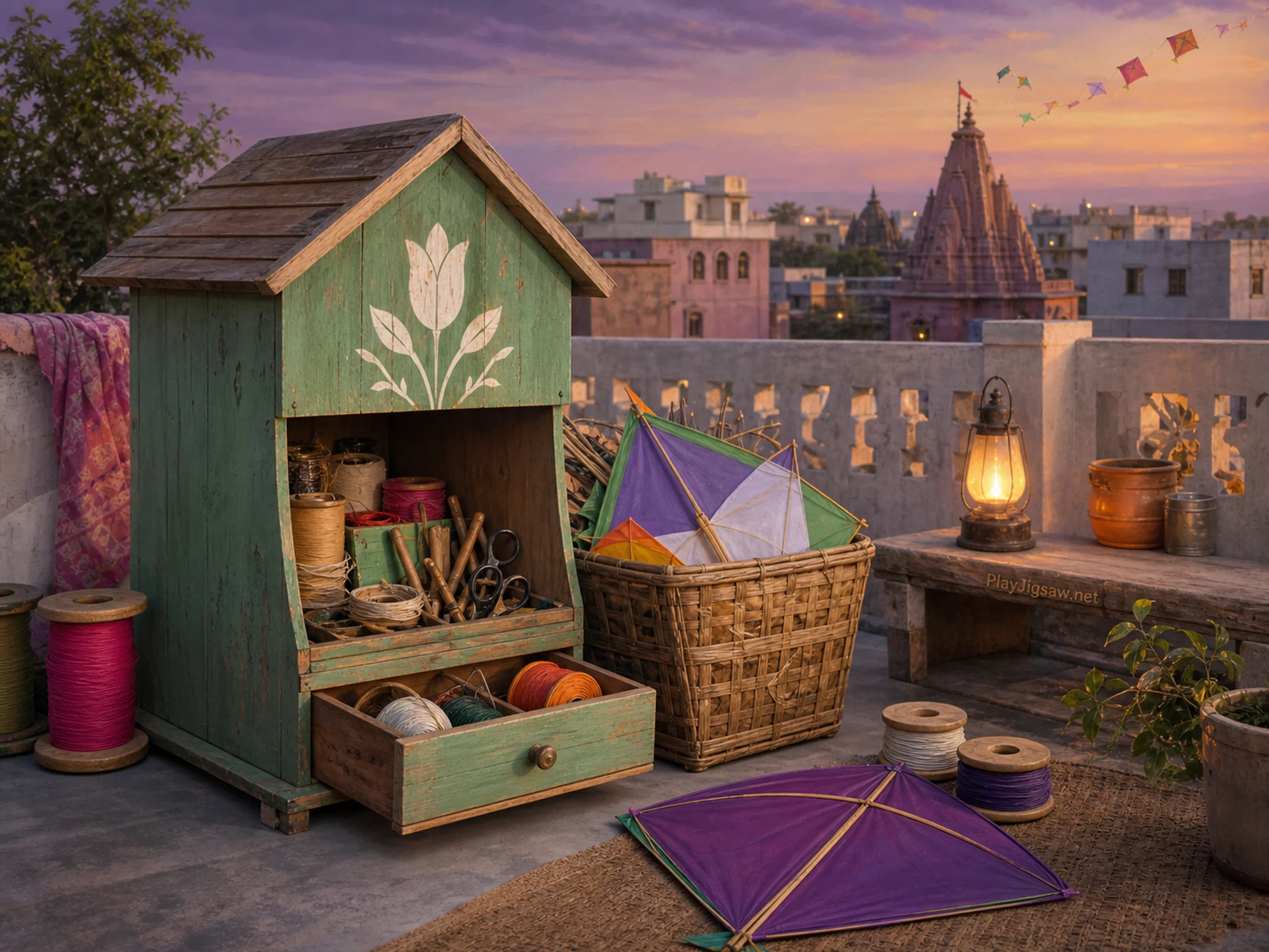 tulip tool shed arranged naturally beside a woven kite basket in a rooftop terrace being prepared for a familiar kite festival, with familiar objects and warm lamplight at dusk.