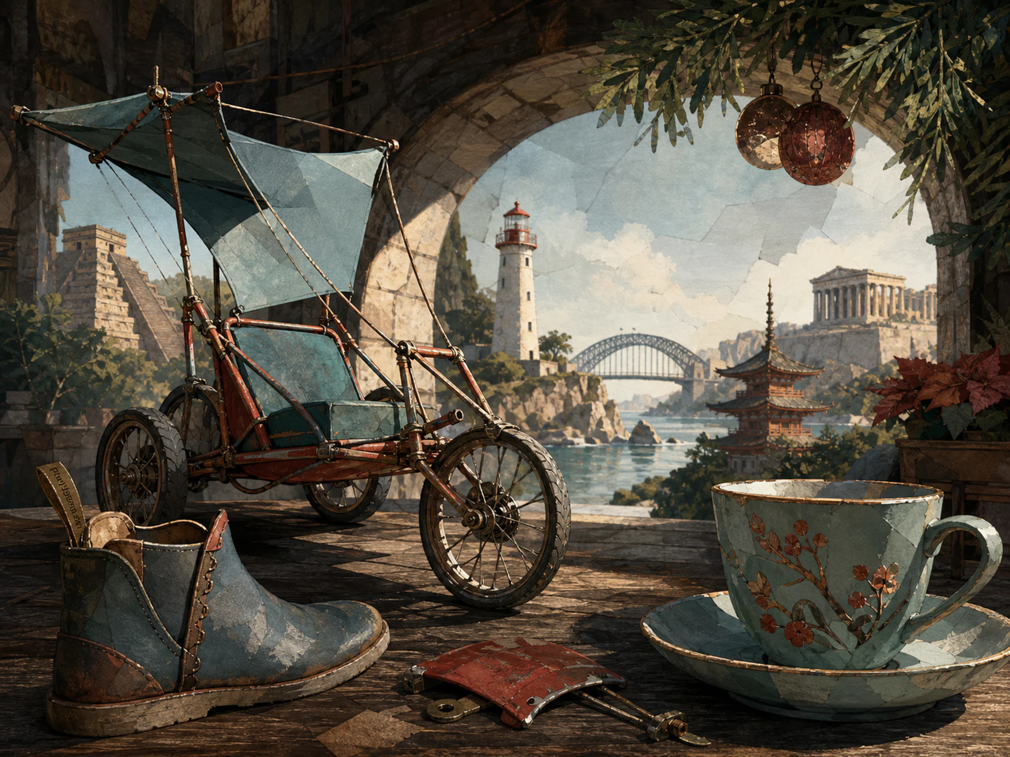 Kite Beach Cart sheltered beside enameled tea cup in a restrained festive interior, composed as panoramic stepped-depth scene with five large landmarks and quiet intervals.