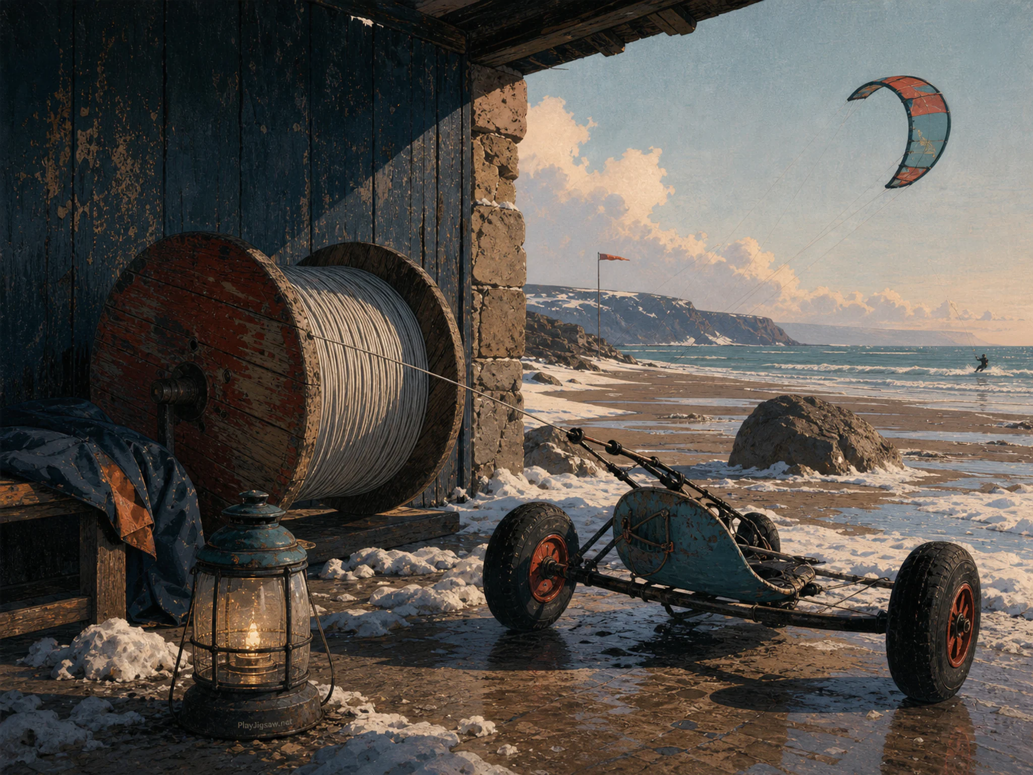 Kite Beach Cart ready near wooden kite spool in a snow-softened winter shelter, composed as compressed long-lens layers with one dominant silhouette, two partial overlaps, and a.