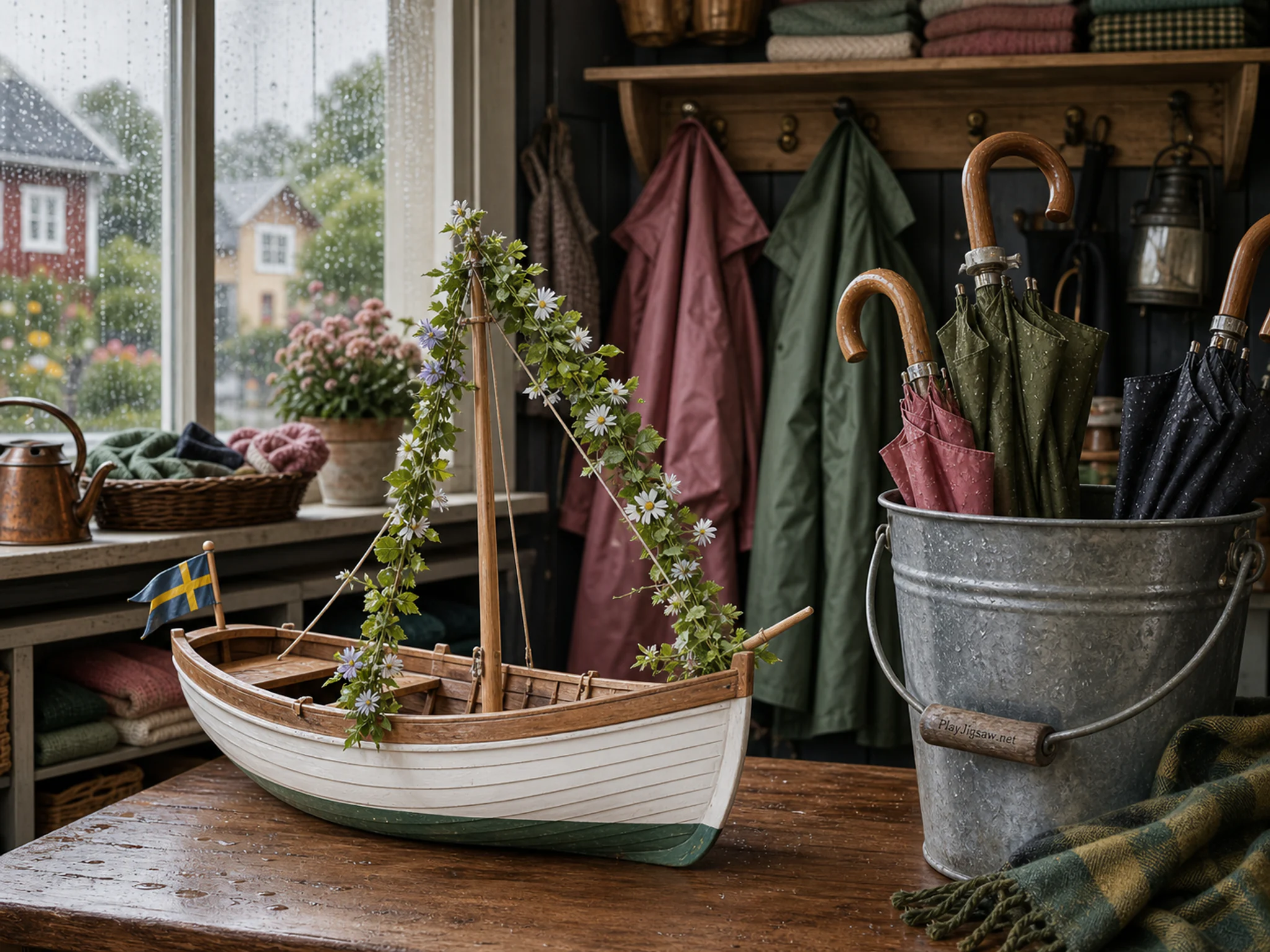 midsummer boat arranged naturally beside a galvanized umbrella bucket in a rainy neighborhood kiosk with raincoats and folded umbrellas, with familiar objects and bright diffused.