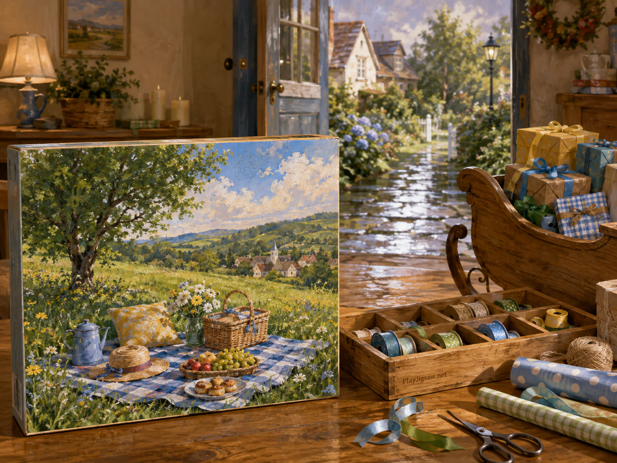 picnic meadow arranged naturally beside a wooden ribbon caddy in a familiar living-room gift-sleigh wrapping workshop, with familiar objects and sun after a brief rain shower.