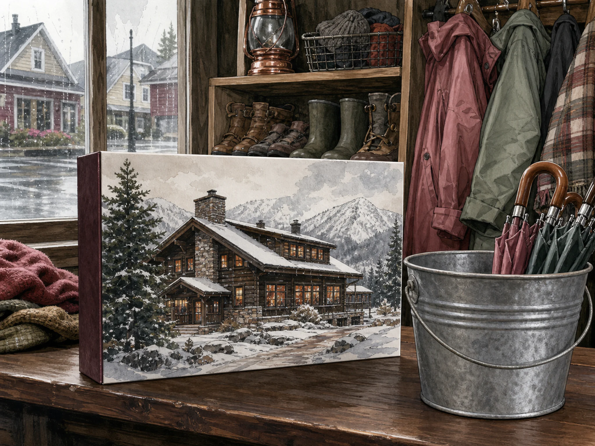 ski lodge arranged naturally beside a galvanized umbrella bucket in a rainy neighborhood kiosk with raincoats and folded umbrellas, with familiar objects and bright diffused.