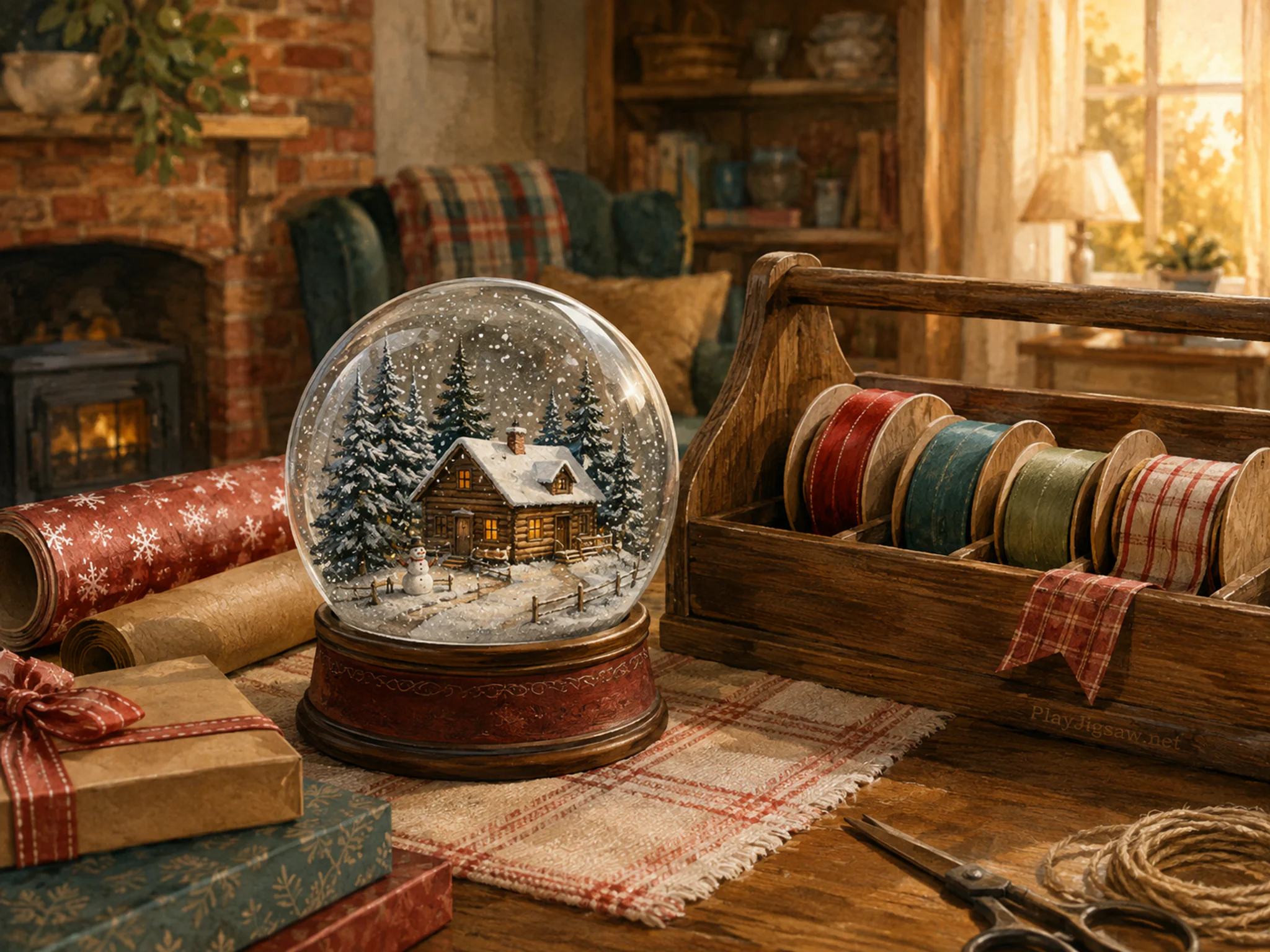 snow globe cabin arranged naturally beside a wooden ribbon caddy in a familiar gift-wrapping table in a living room, with familiar objects and warm late-day sunlight.