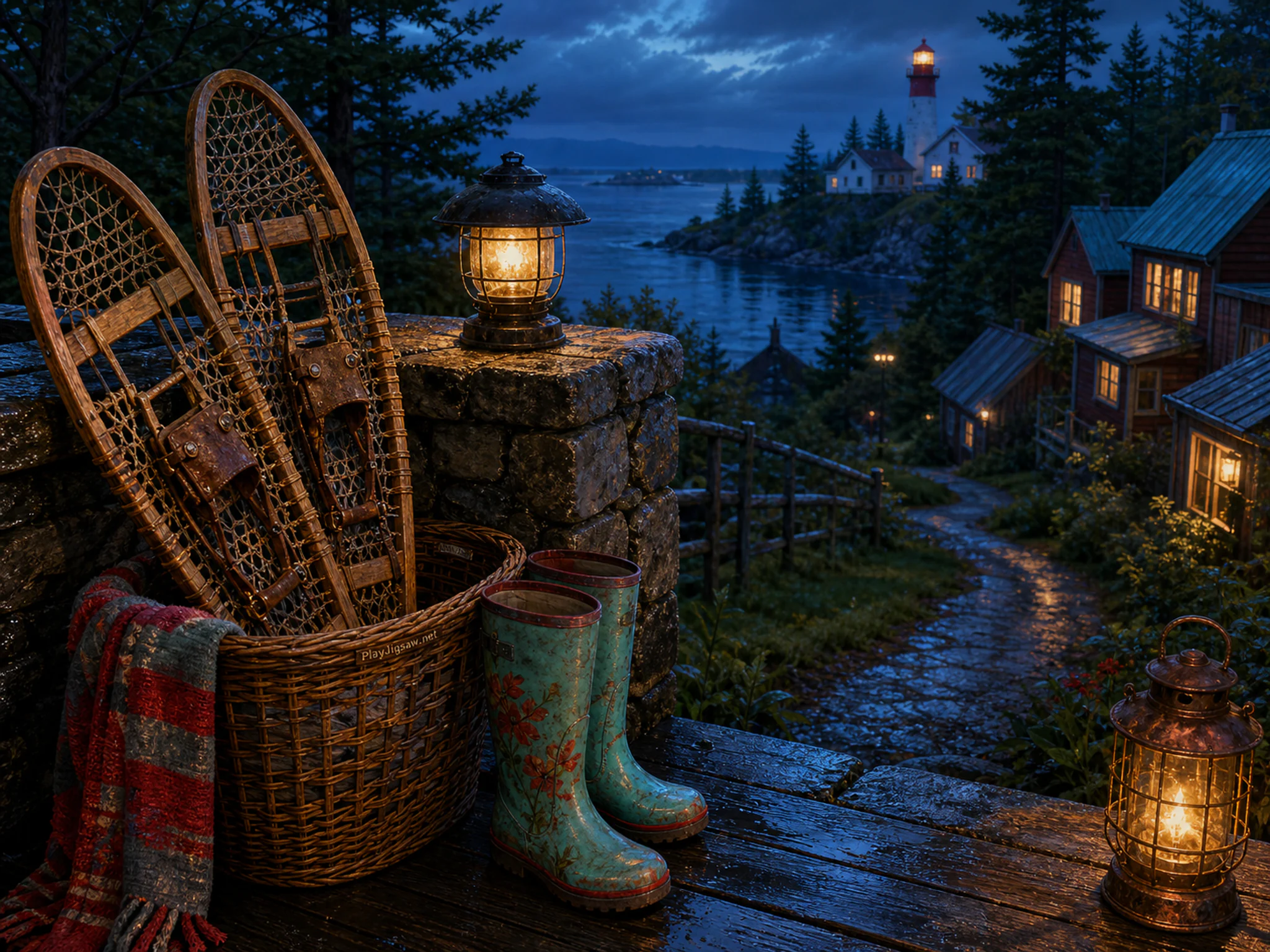 Snowshoe Rack drying beside painted garden boots in a glowing communal evening, composed as elevated three-quarter view from a believable lookout, with a foreground edge, a.