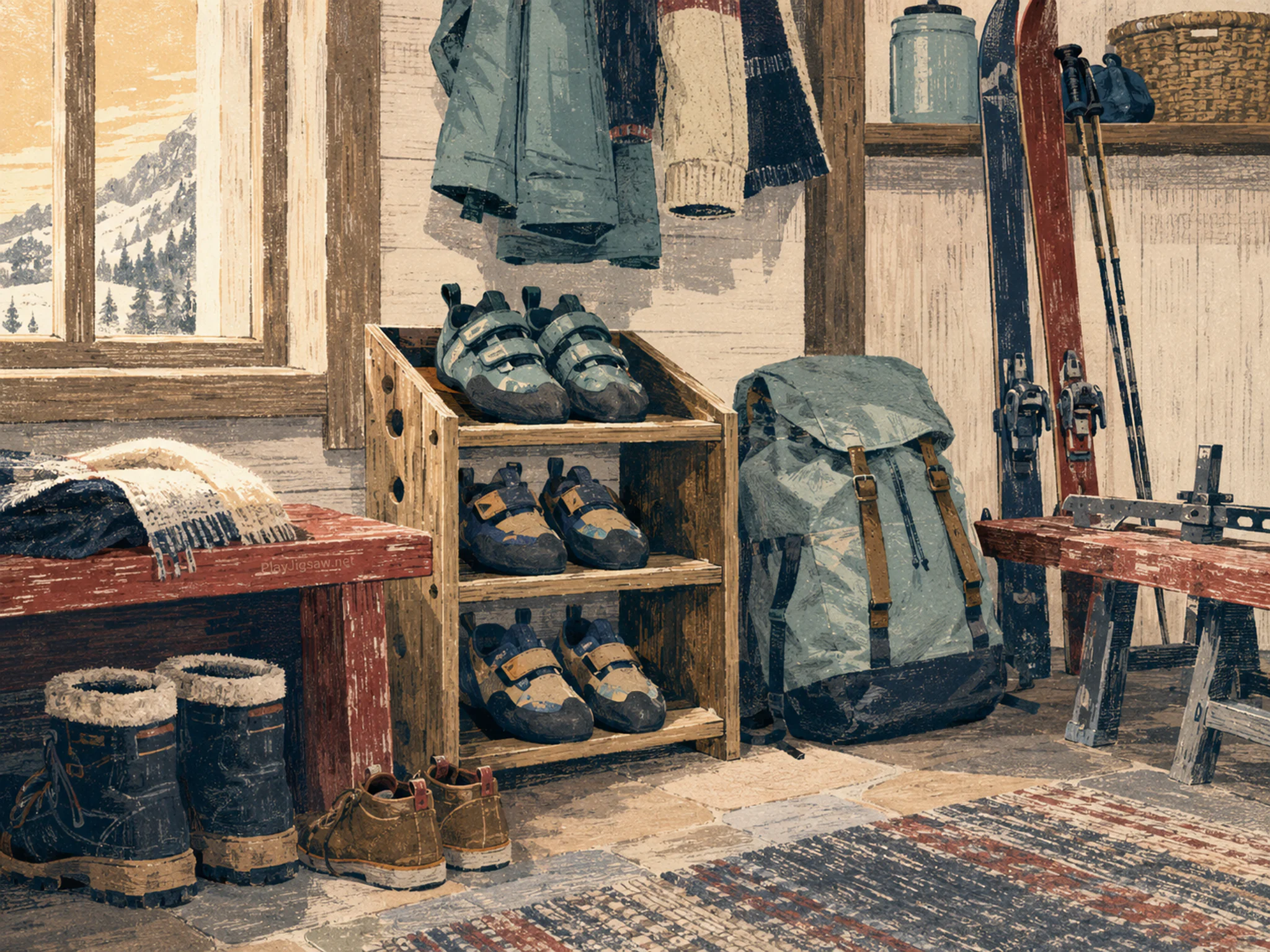 bouldering shoe shelf stored naturally beside a canvas daypack in a ski-lodge mudroom with a second familiar biathlon bench, with familiar objects and golden kitchen-window light.