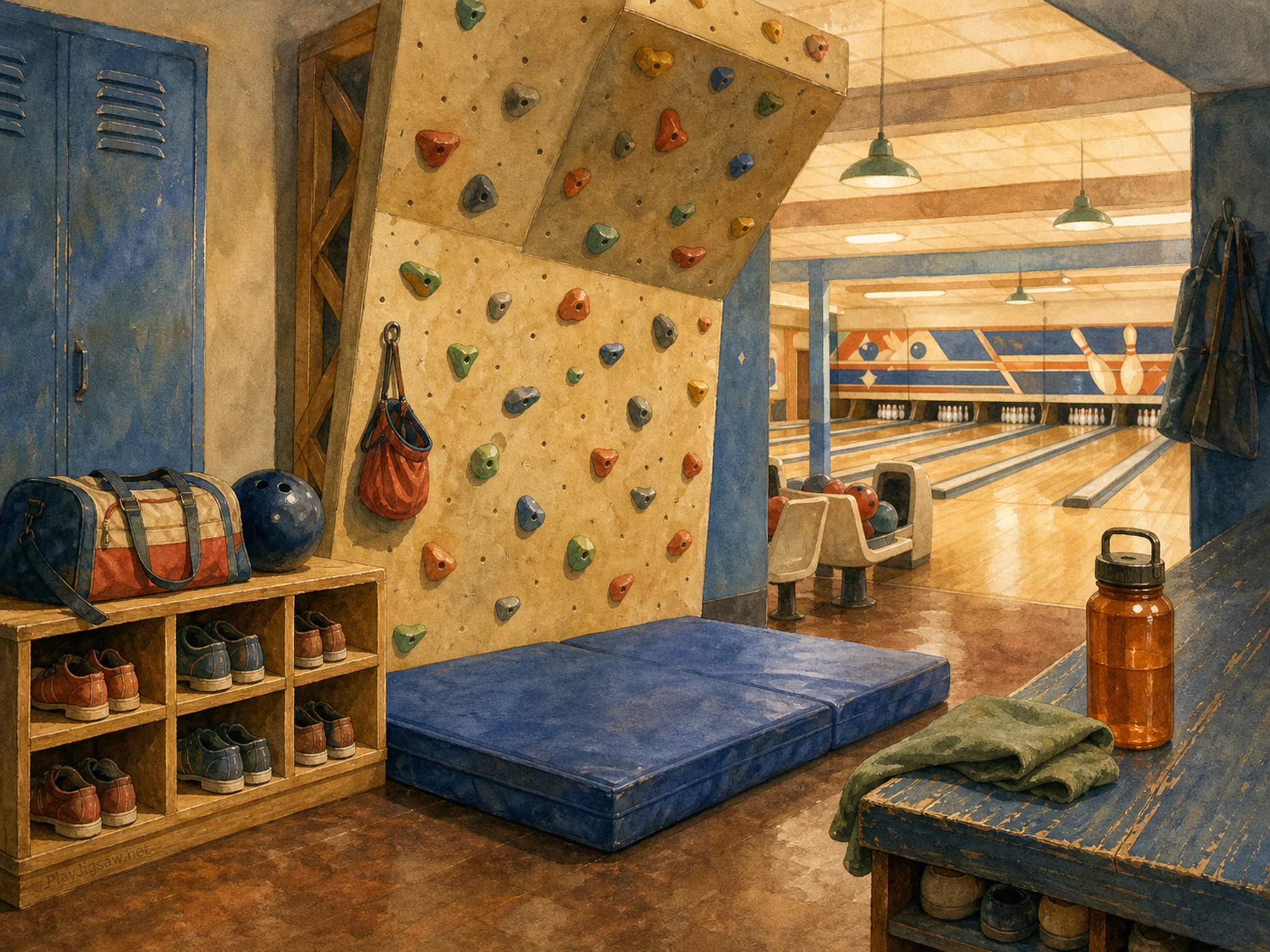 indoor climbing wall stored naturally beside a wooden shoe crate in a neighborhood bowling-alley locker corner after closing, with familiar objects and warm late-day sunlight.