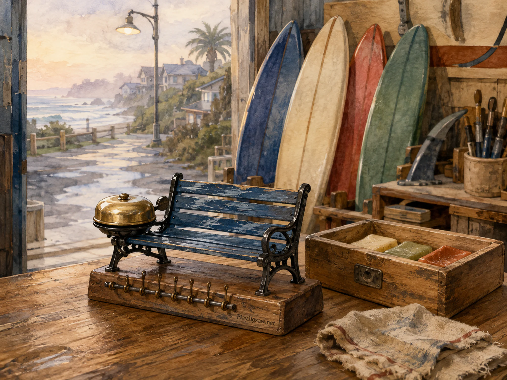 bicycle bell bench stored naturally beside a wooden wax box in a surfboard-repair shop near a residential beach road, with familiar objects and calm misty dawn.