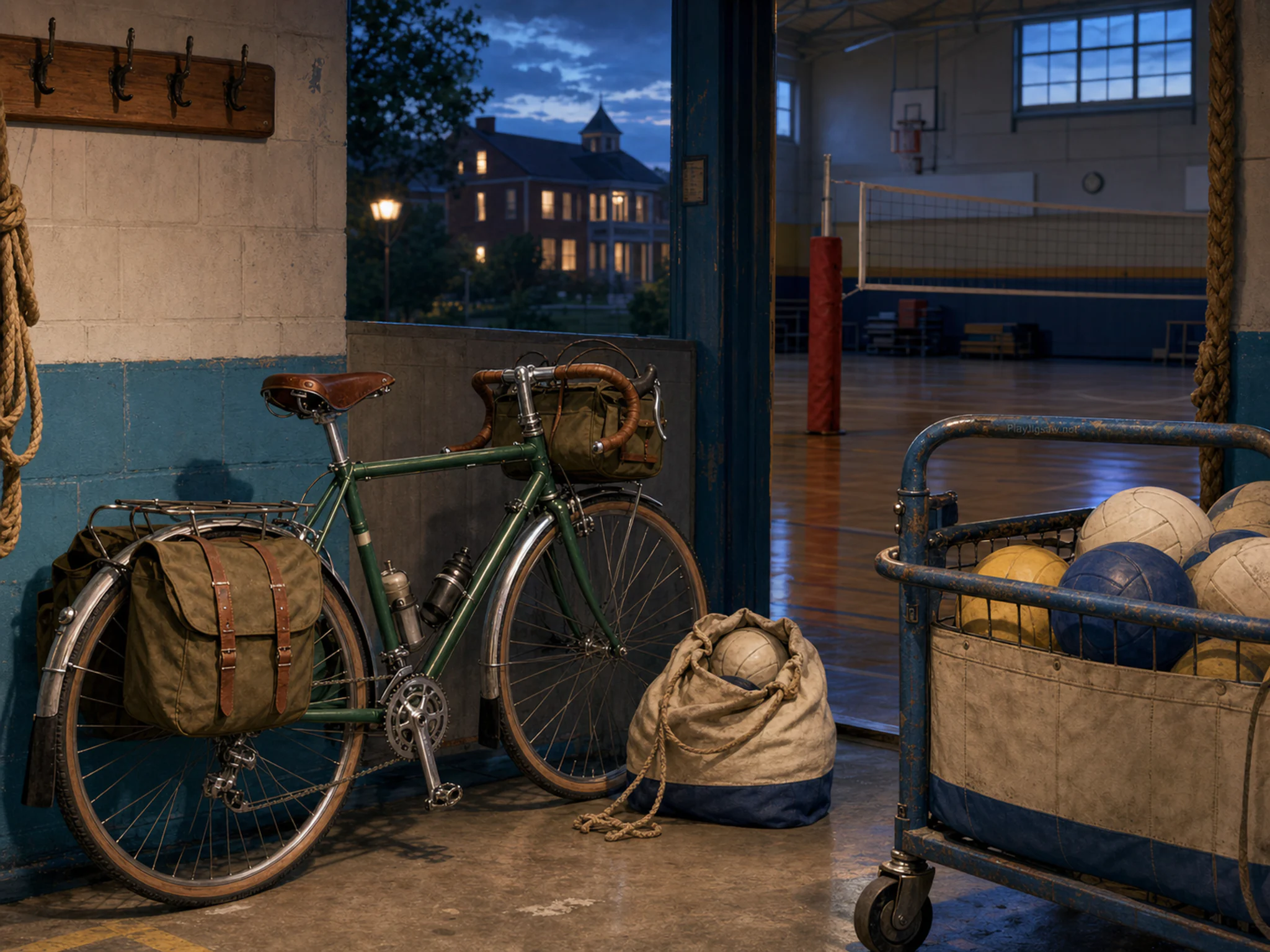 touring bicycle stored naturally beside a canvas ball bag in a school gym equipment corner with a volleyball cart, with familiar objects and cool blue-hour light.