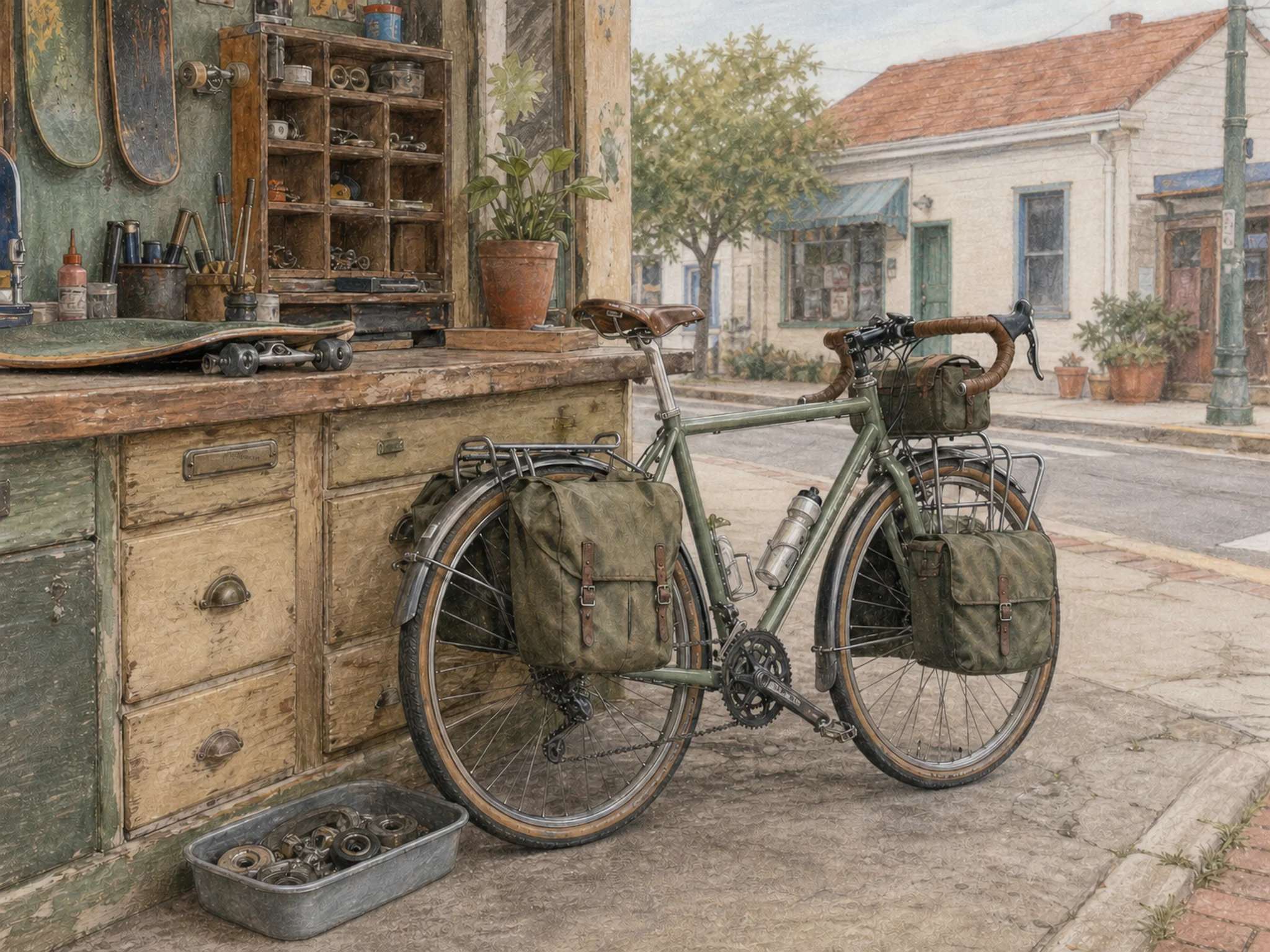touring bicycle stored naturally beside a shallow wheel tray in a small skate-repair counter on a neighborhood street, with familiar objects and soft overcast afternoon.