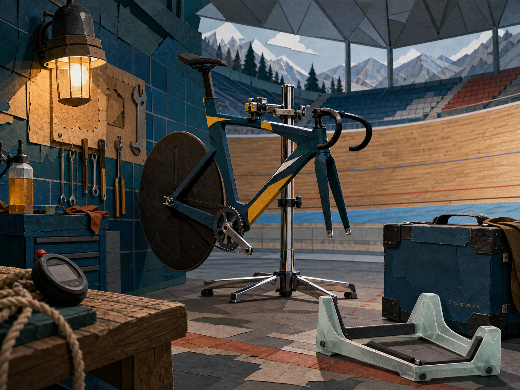 Velodrome Pit being adjusted on chrome repair stand in a cold-weather sports workshop, composed as ground-level view using a textured leading edge, a middle landmark, and a high.
