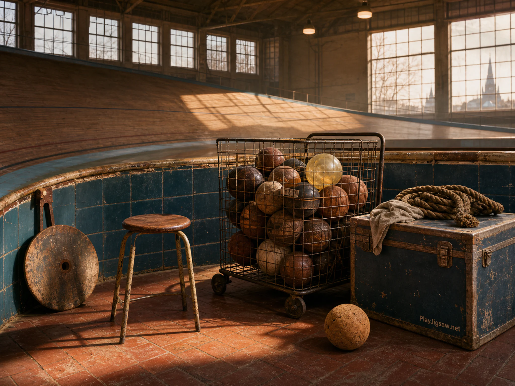 Velodrome Pit organized around mesh ball cart in a warm traditional games hall, composed as near-symmetry deliberately broken by one functional action, one weather effect, and.