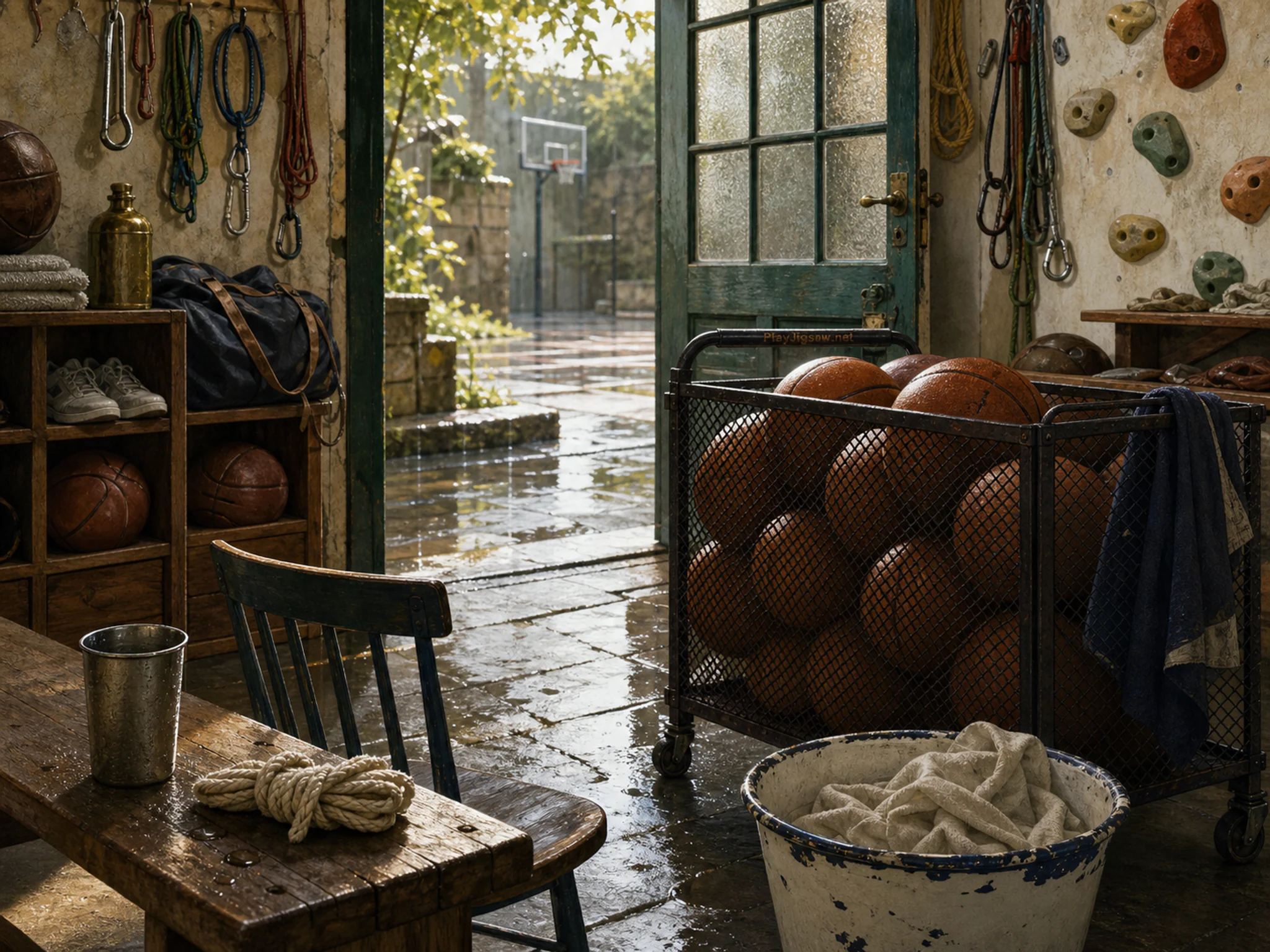 Basketball Equipment Room organized around mesh ball cart in a textured climbing gear room, composed as central negative-space corridor surrounded by asymmetrical clusters of.