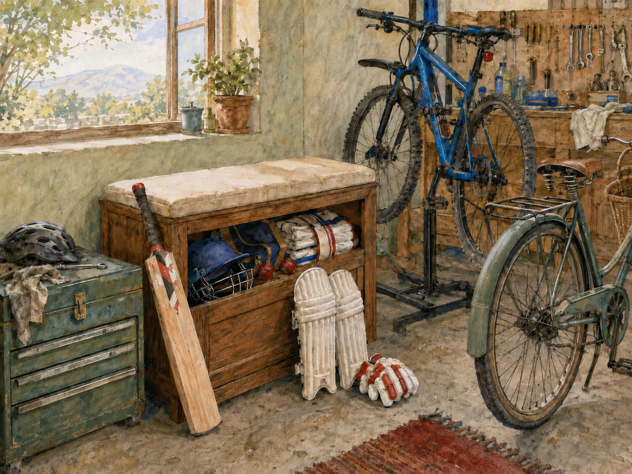 cricket kit bench stored naturally beside a green metal toolbox in a garage mountain-bike repair setup beside family bikes, with familiar objects and bright diffused window light.