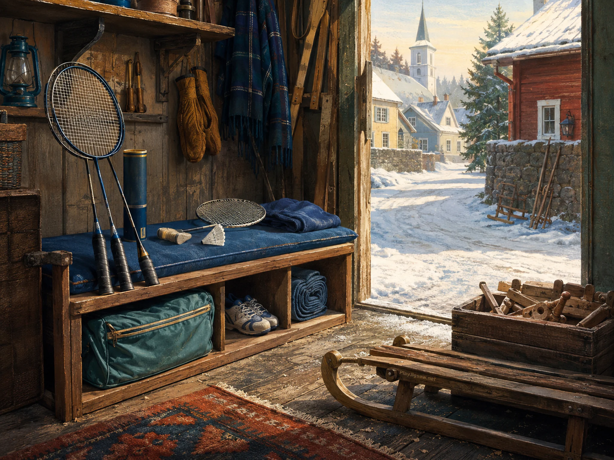 badminton gear bench stored naturally beside a wooden parts crate in a small winter sled workshop beside a village lane, with familiar objects and clear early-morning light.
