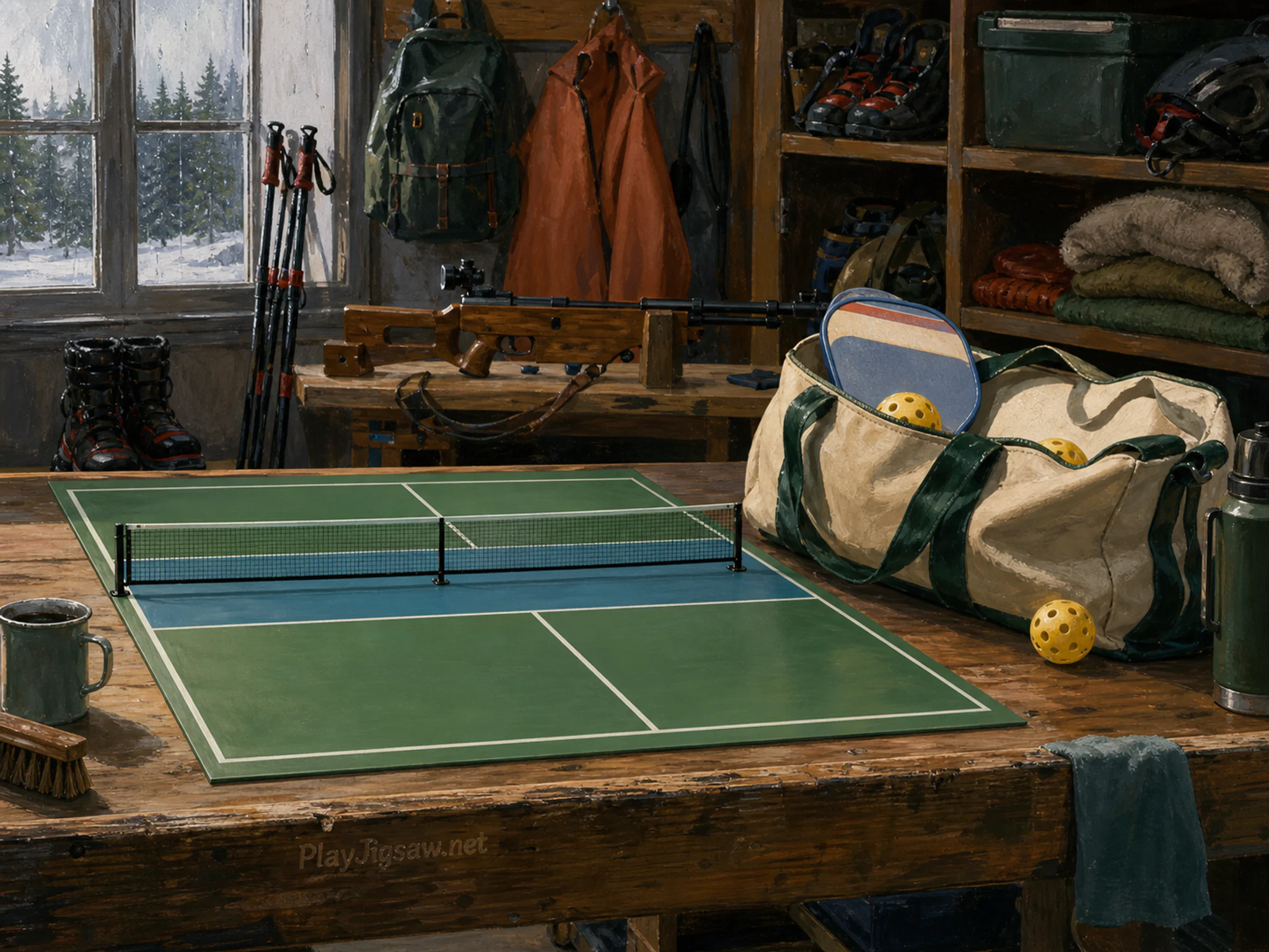 pickleball court stored naturally beside a canvas equipment bag in a winter-sports gear room with a familiar biathlon bench, with familiar objects and sun after a brief rain.