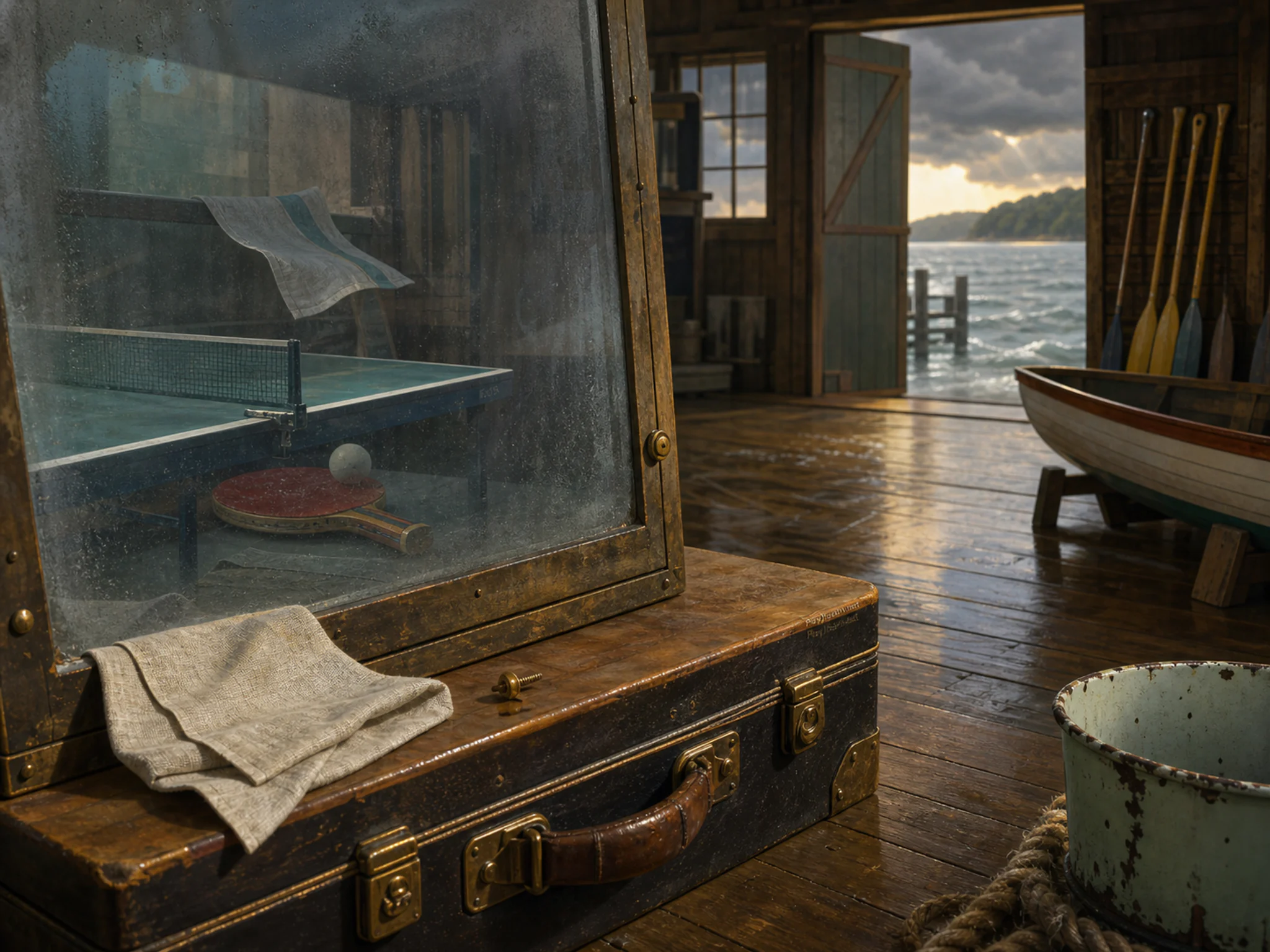 Table Tennis Corner aligned beside leather target case in a timber water-sports boathouse, composed as off-center subject seen in reflection or through translucent material while.