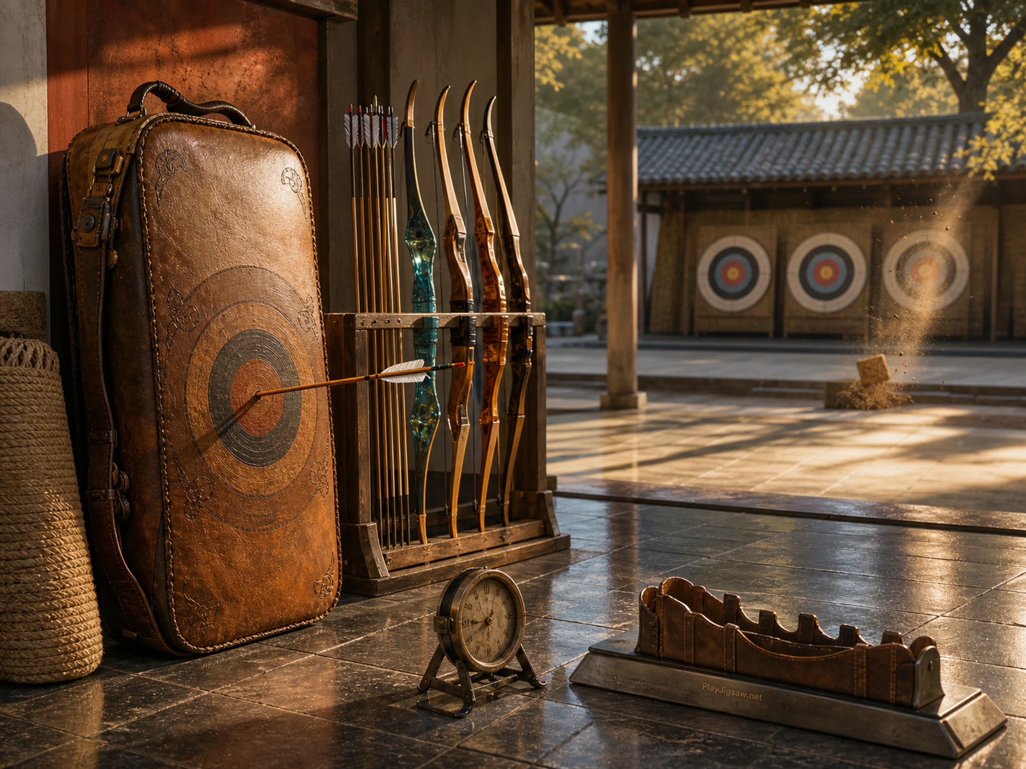 Archery Display aligned beside leather target case in a warm traditional games hall, composed as split-level composition showing above and below, inside and outside, or wet and.