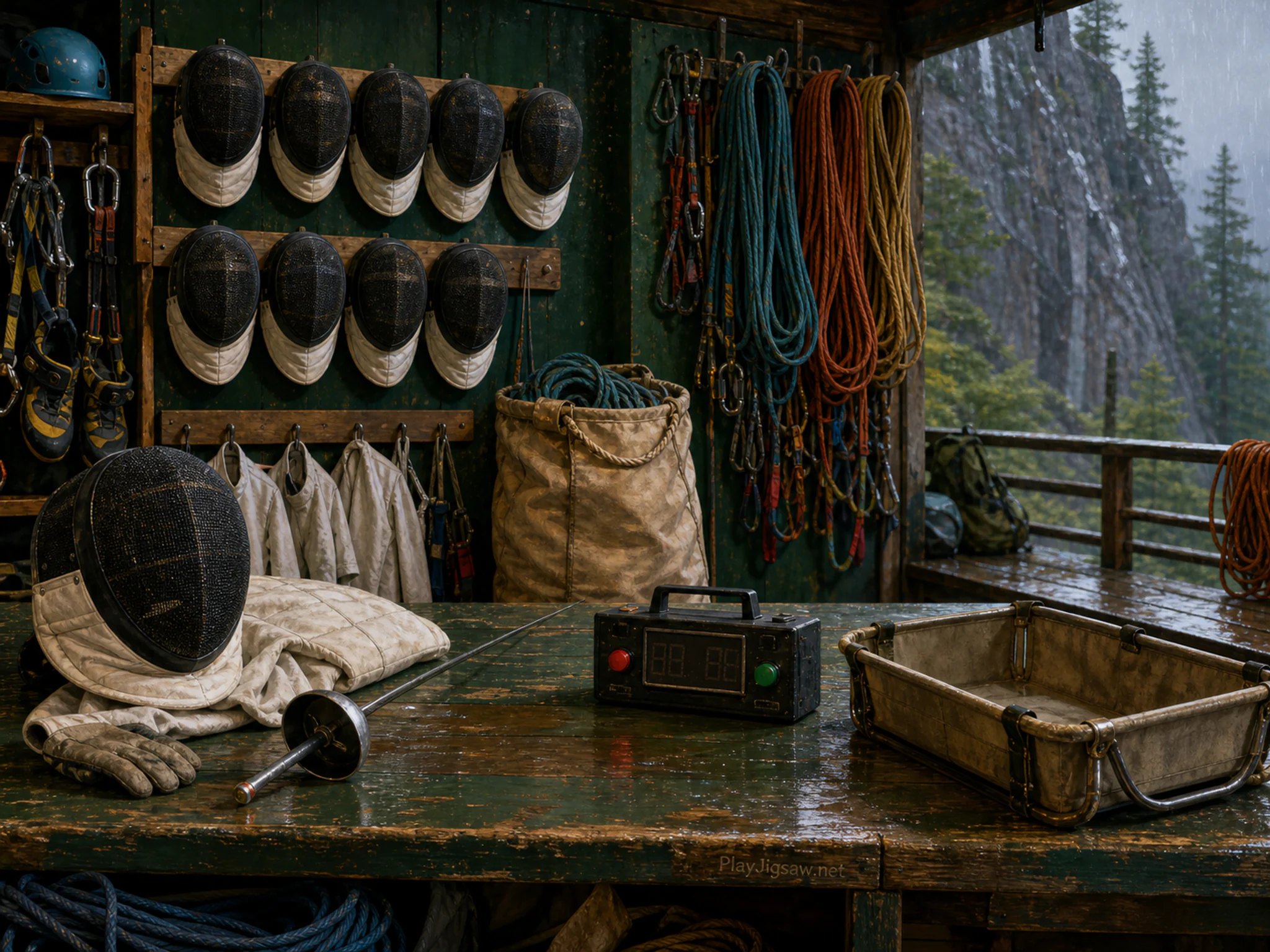 fencing gear wall stored naturally beside a canvas rope bag in a community climbing-gear room with an alpine rope station, with familiar objects and gentle rain with crisp.
