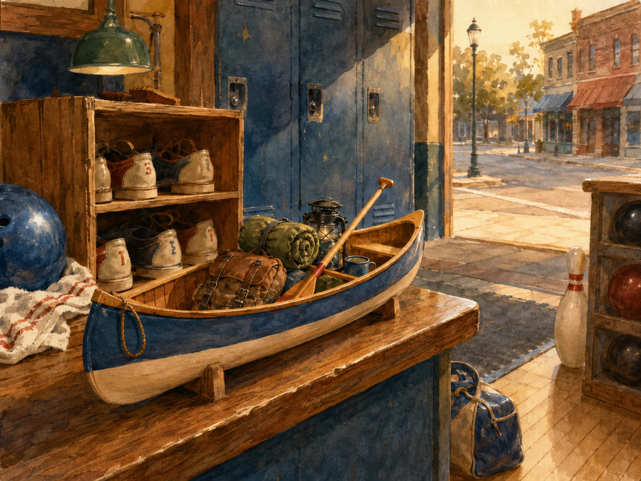 canoe camp stored naturally beside a wooden shoe crate in a neighborhood bowling-alley locker corner after closing, with familiar objects and warm late-day sunlight.