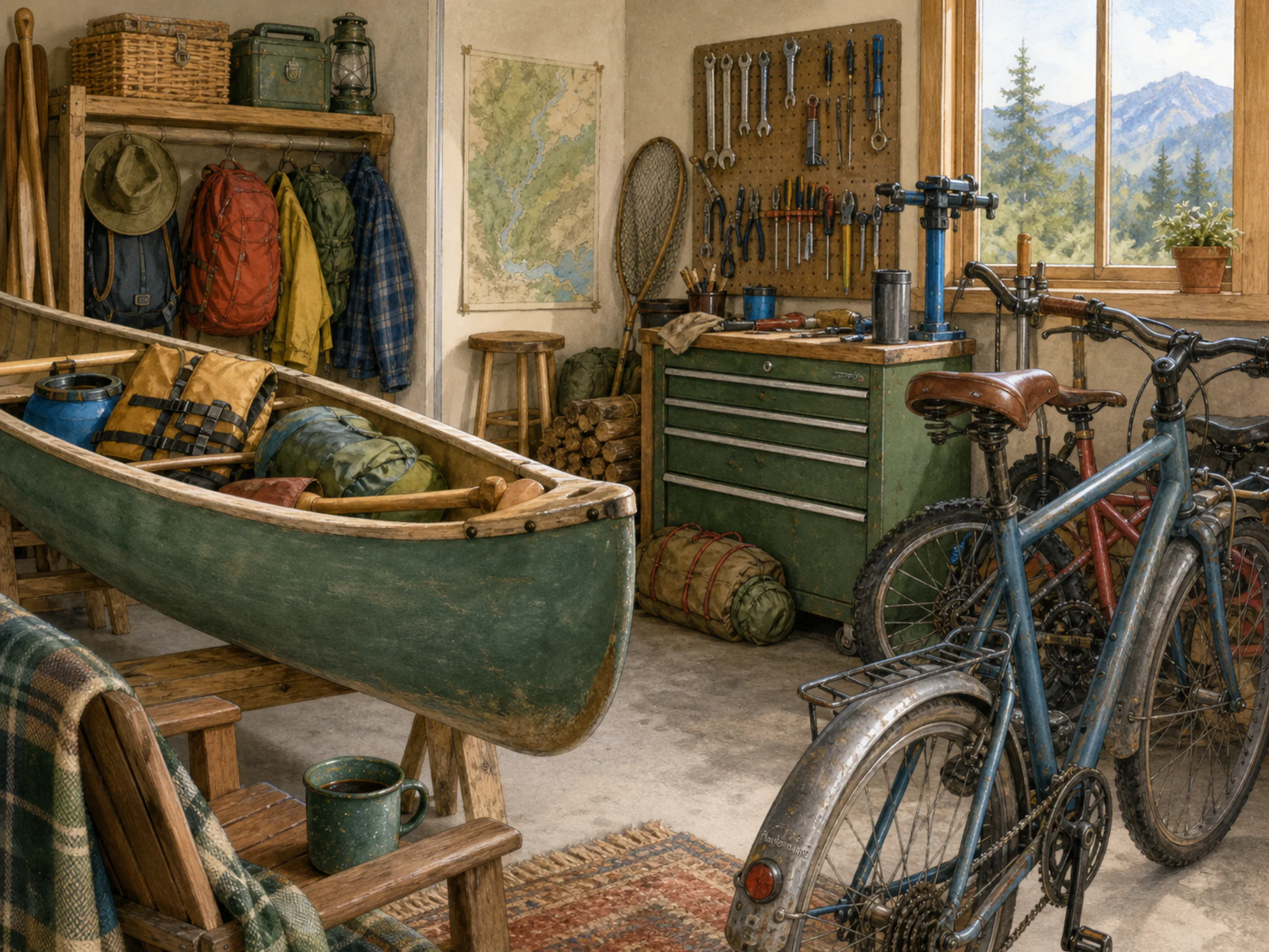 canoe camp stored naturally beside a green metal toolbox in a garage mountain-bike repair setup beside family bikes, with familiar objects and bright diffused window light.