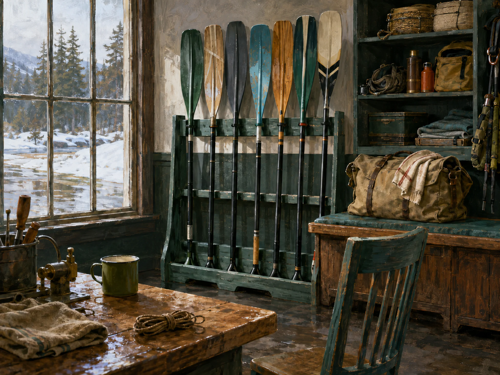 kayak paddle rack stored naturally beside a canvas equipment bag in a winter-sports gear room with a familiar biathlon bench, with familiar objects and sun after a brief rain.