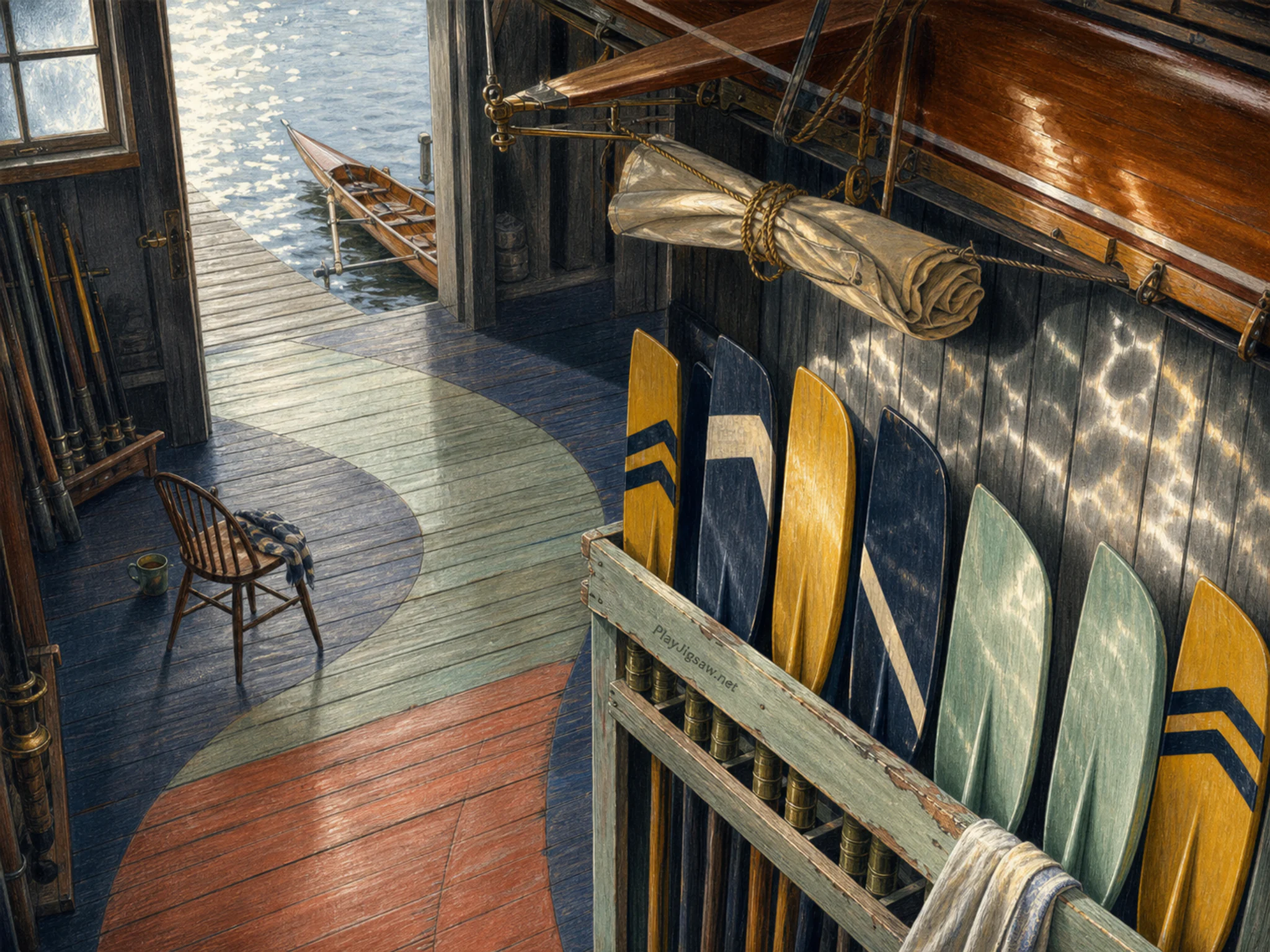 Rowing Boathouse drying above painted paddle rack in a timber water-sports boathouse, composed as high oblique view with four large color zones connected by one S-shaped working.