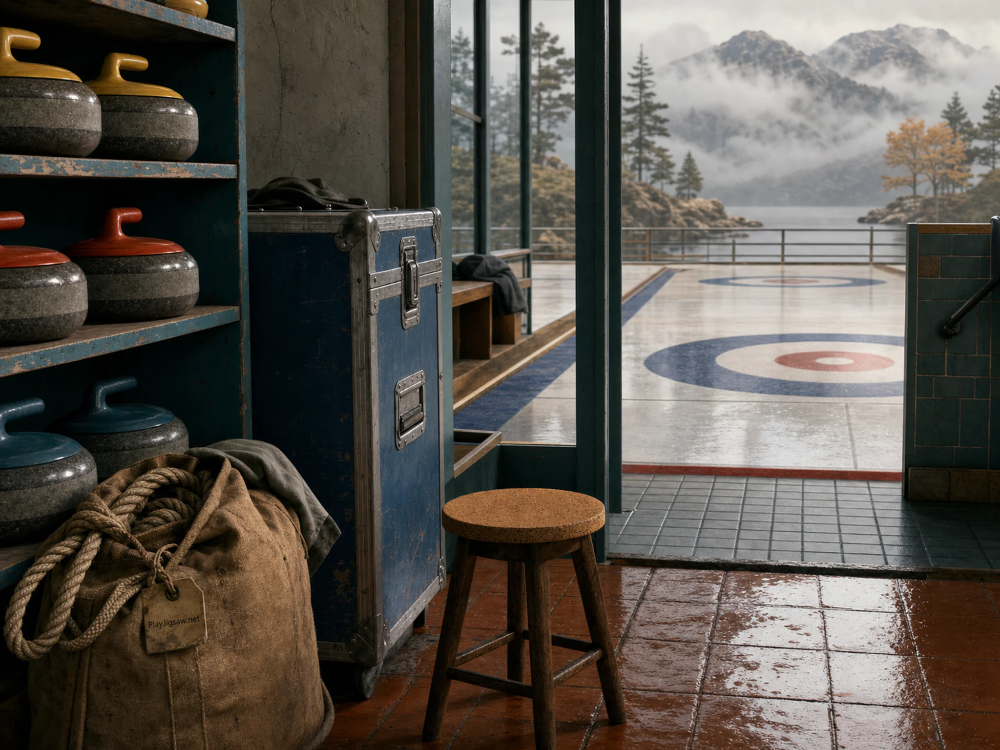 Curling Rack stored beside protective equipment case in a precise target-sports salle, composed as split-level composition showing above and below, inside and outside, or wet and.