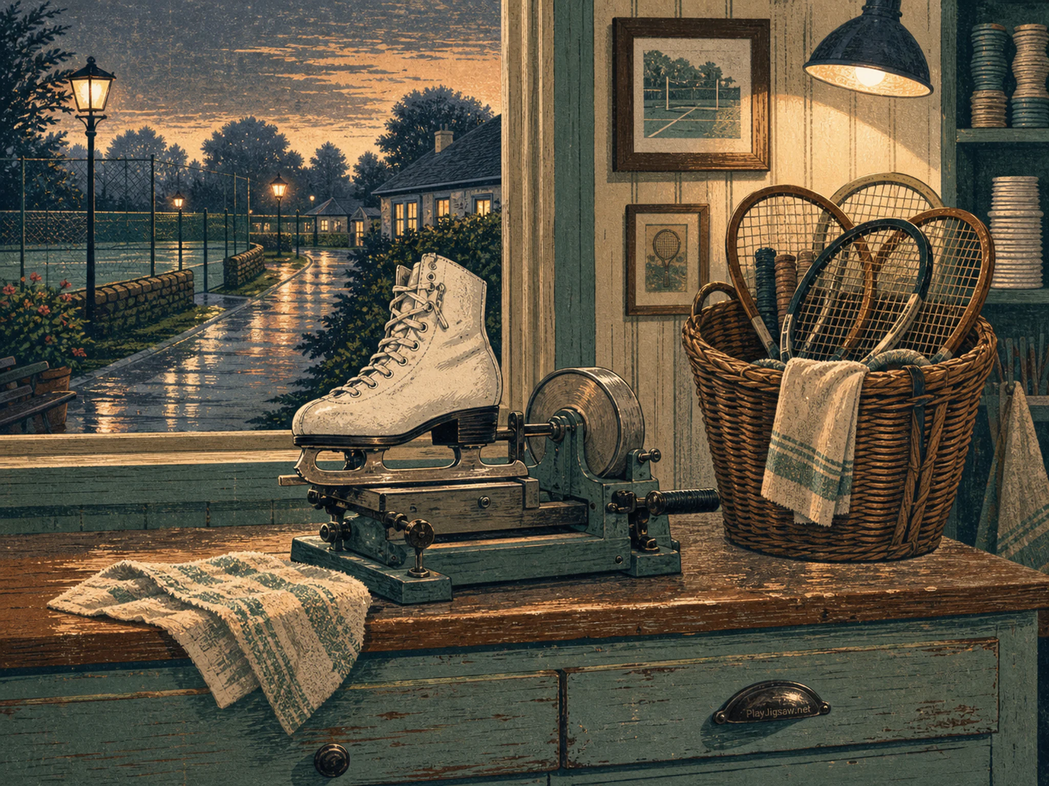 skate sharpening stored naturally beside a wicker racket basket in a tennis-club stringing counter after rain, with familiar objects and warm lamplight at dusk.