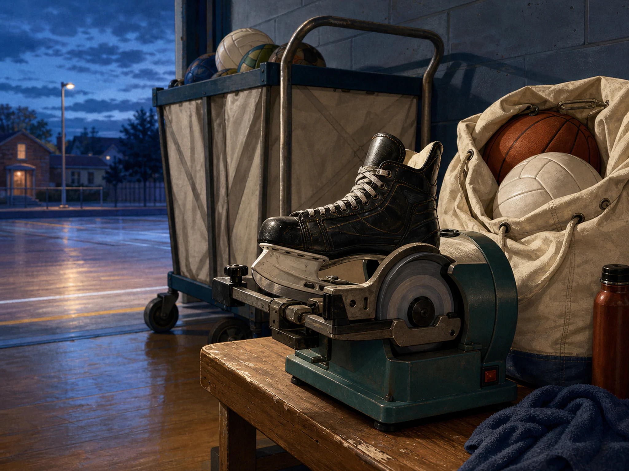 skate sharpening stored naturally beside a canvas ball bag in a school gym equipment corner with a volleyball cart, with familiar objects and cool blue-hour light.
