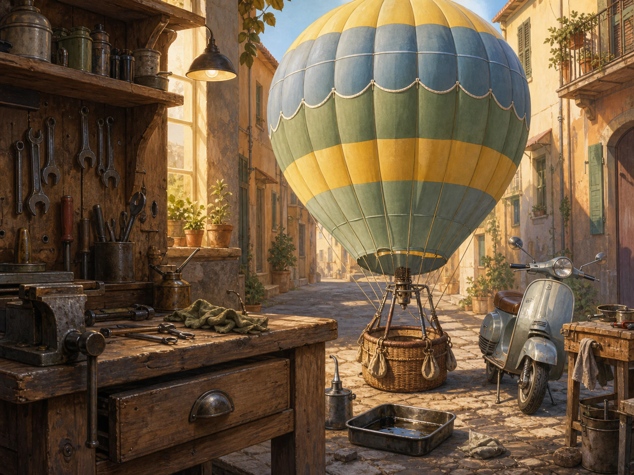 hot air balloon parked or serviced beside a small metal oil tray in a scooter-repair corner in a narrow residential lane, with familiar objects and golden kitchen-window light.