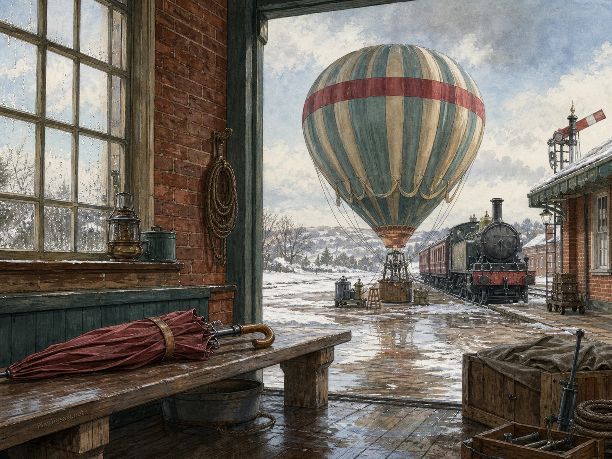 hot air balloon parked or serviced beside a folded umbrella in a snowy rural railway depot with a signal train, with familiar objects and sun after a brief rain shower.