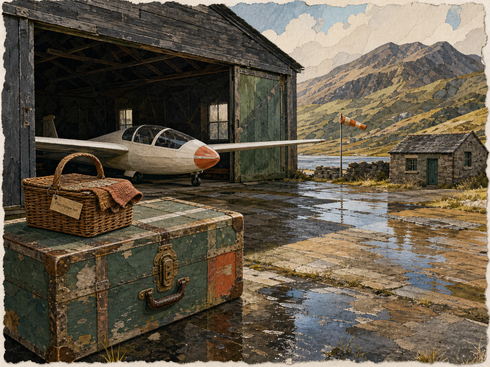 Sailplane Hangar arriving beside painted luggage trunk in a rugged service bay, composed as broad cross-slope view where light, weather, or water divides the scene diagonally.