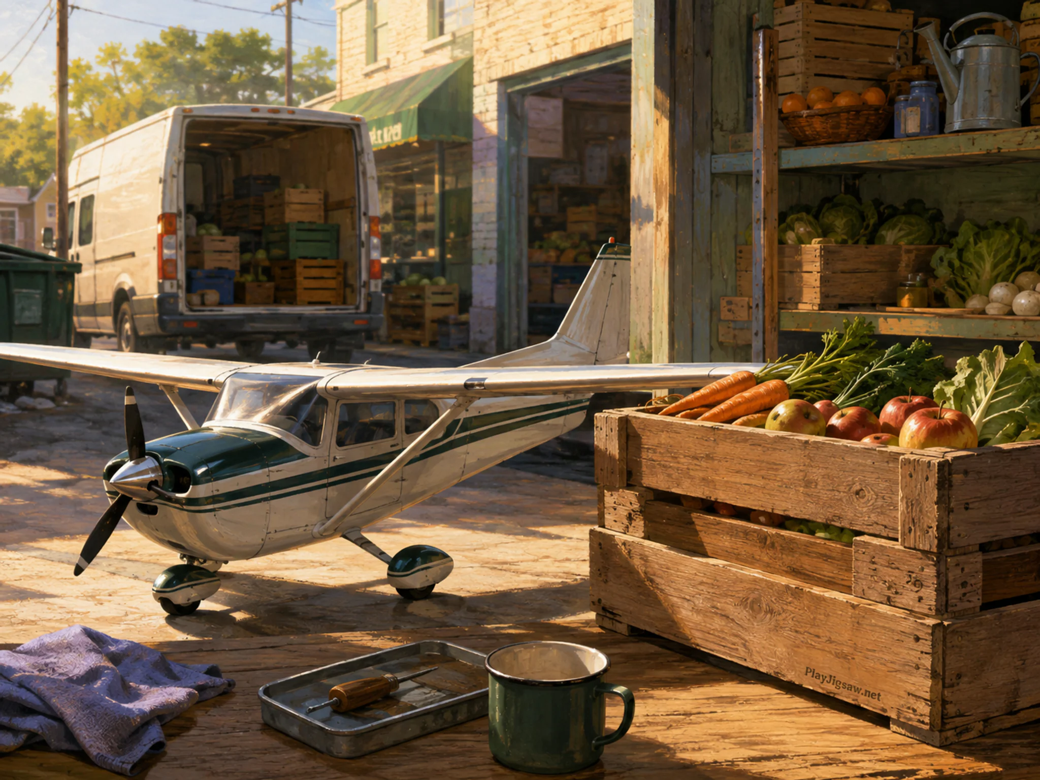 weather aircraft parked or serviced beside a stackable produce crate in a delivery van loading alley behind a neighborhood grocery, with familiar objects and clear early-morning.