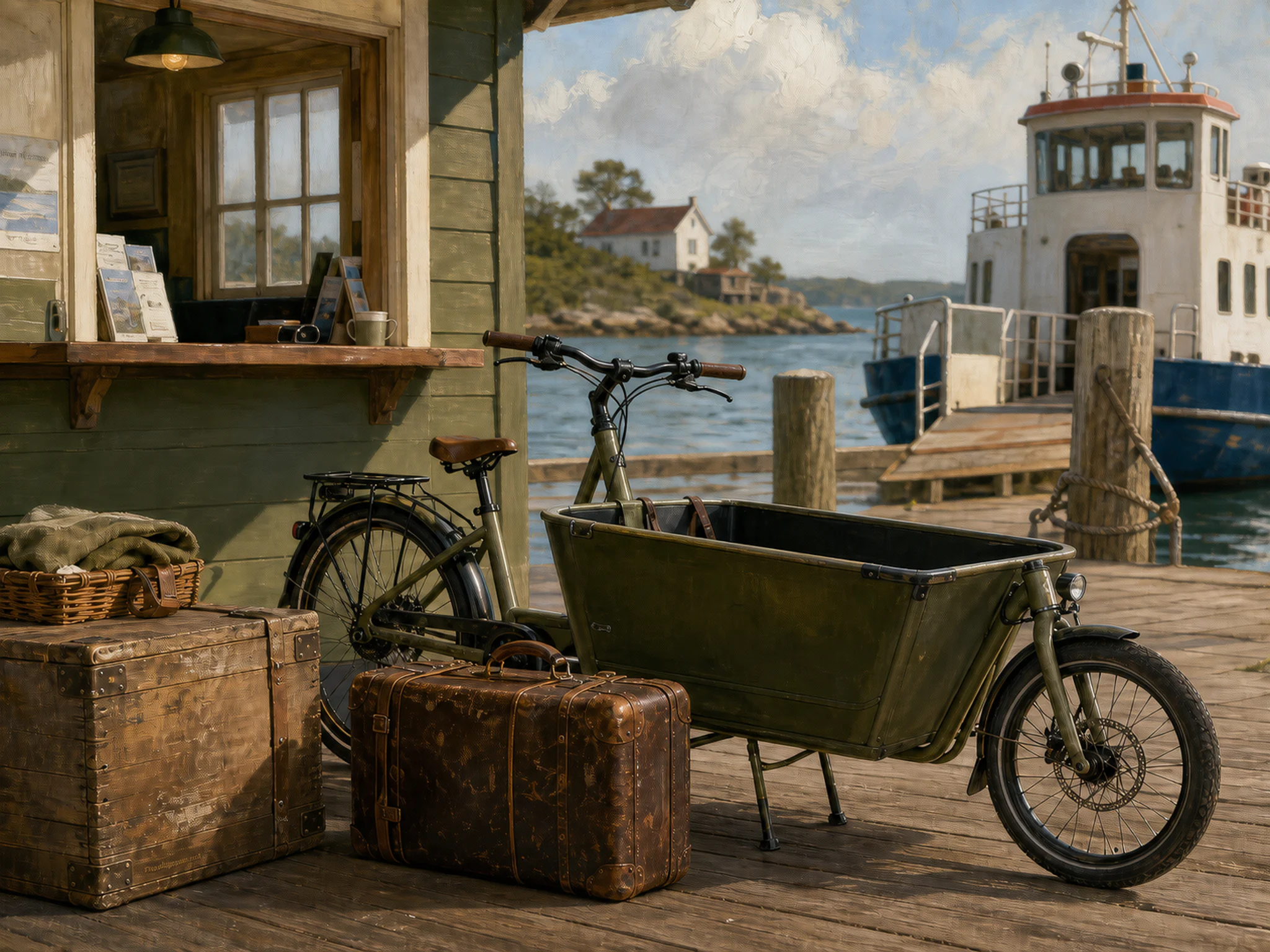 cargo bike parked or serviced beside a worn leather travel case in a small island-ferry ticket desk on a working dock, with familiar objects and bright diffused window light.