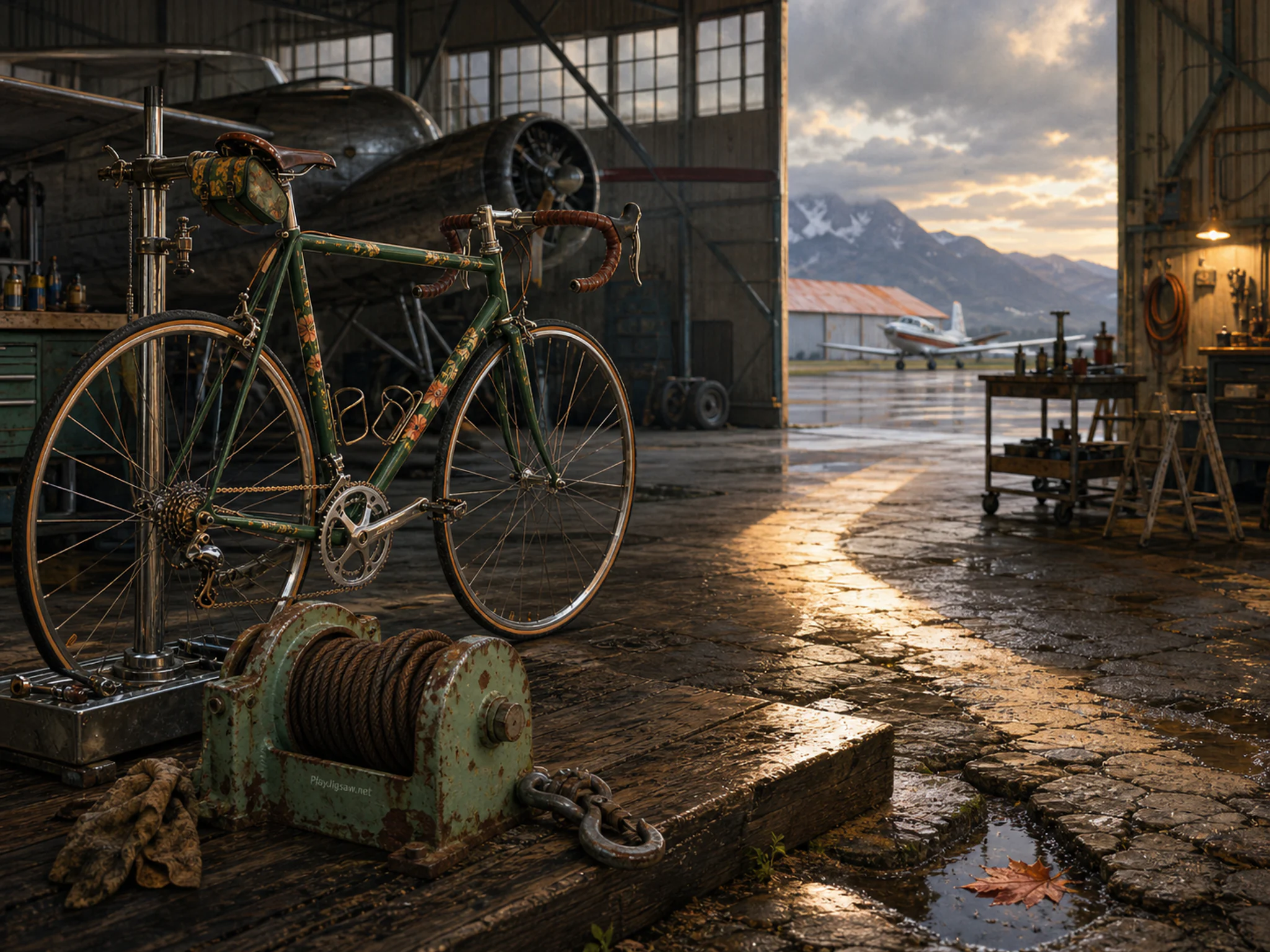 Flower Road Bicycle mounted near chrome tool stand in a bright aviation hangar, composed as route-bend composition where the destination is only partly visible and a secondary.