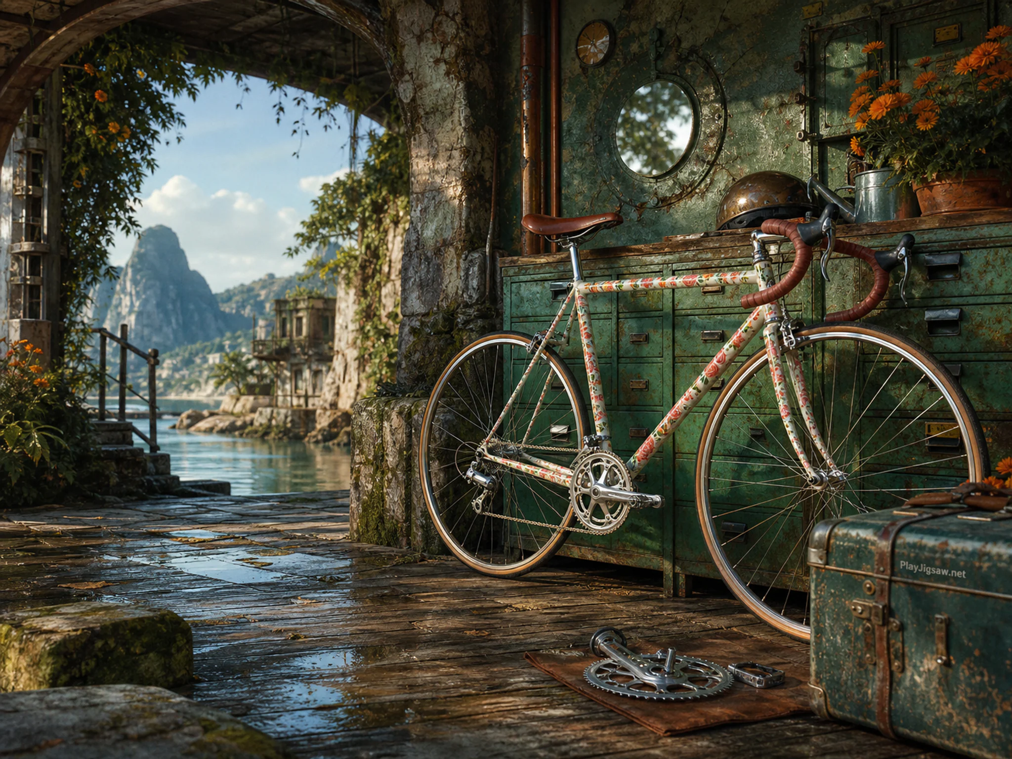 Flower Road Bicycle restored near enameled parts cabinet in a specialized exploration station, composed as wide lateral view structured by an irregular shoreline, wall, track.