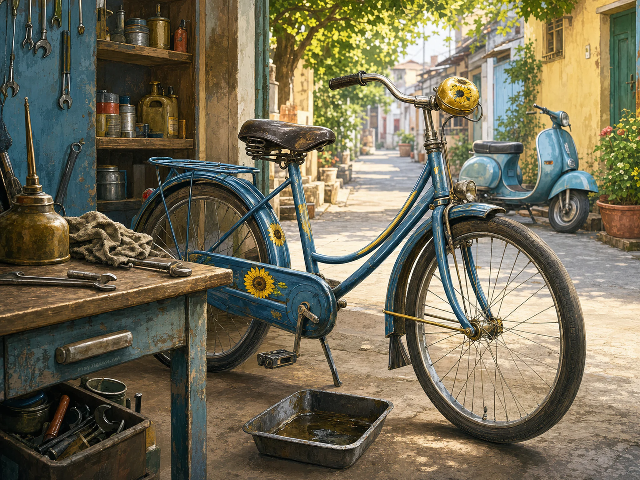 sunflower bell bicycle parked or serviced beside a small metal oil tray in a scooter-repair corner in a narrow residential lane, with familiar objects and golden kitchen-window.