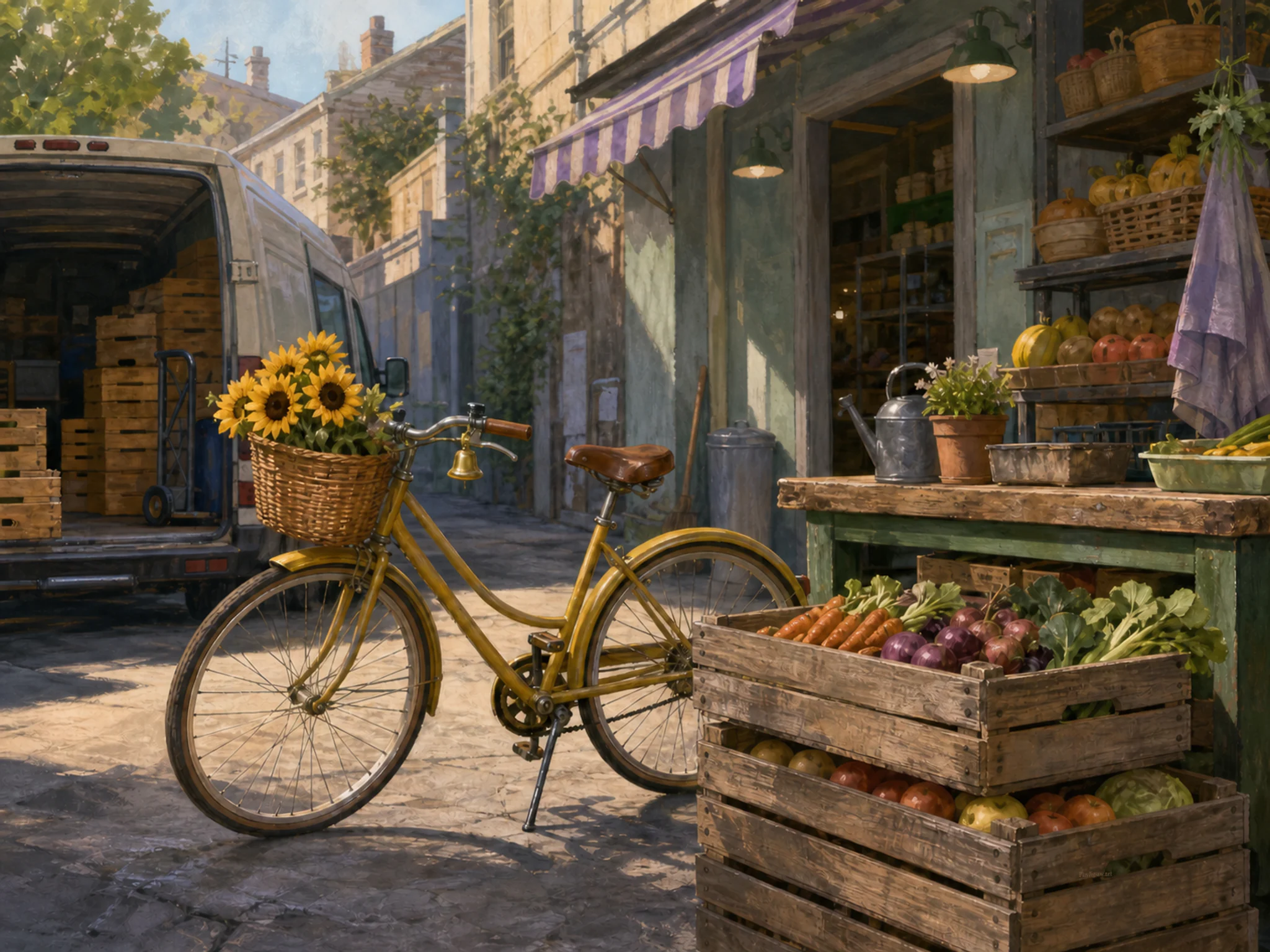 sunflower bell bicycle parked or serviced beside a stackable produce crate in a delivery van loading alley behind a neighborhood grocery, with familiar objects and clear.