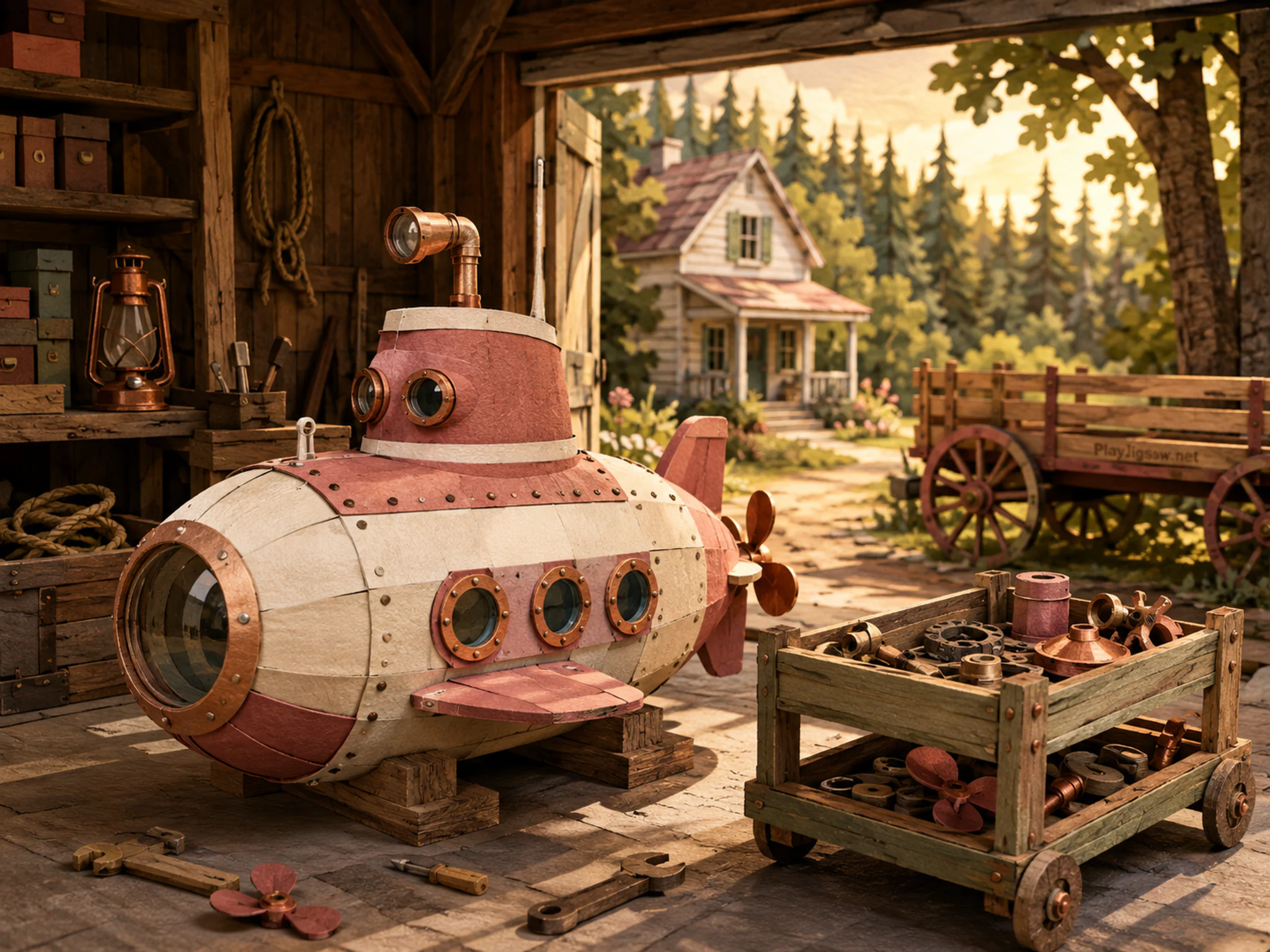 toy submarine parked or serviced beside a wooden parts cart in a country garage with a forest picnic wagon beside a farmhouse, with familiar objects and warm late-day sunlight.