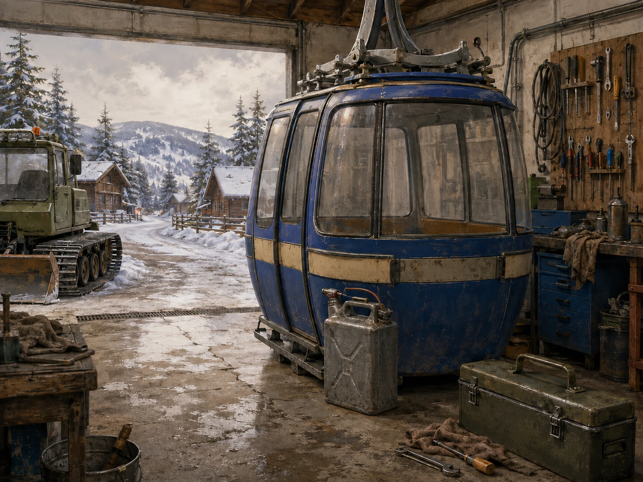 cable car parked or serviced beside a galvanized fuel can without labels in a winter-research garage with an ice crawler and common tools, with familiar objects and soft overcast.