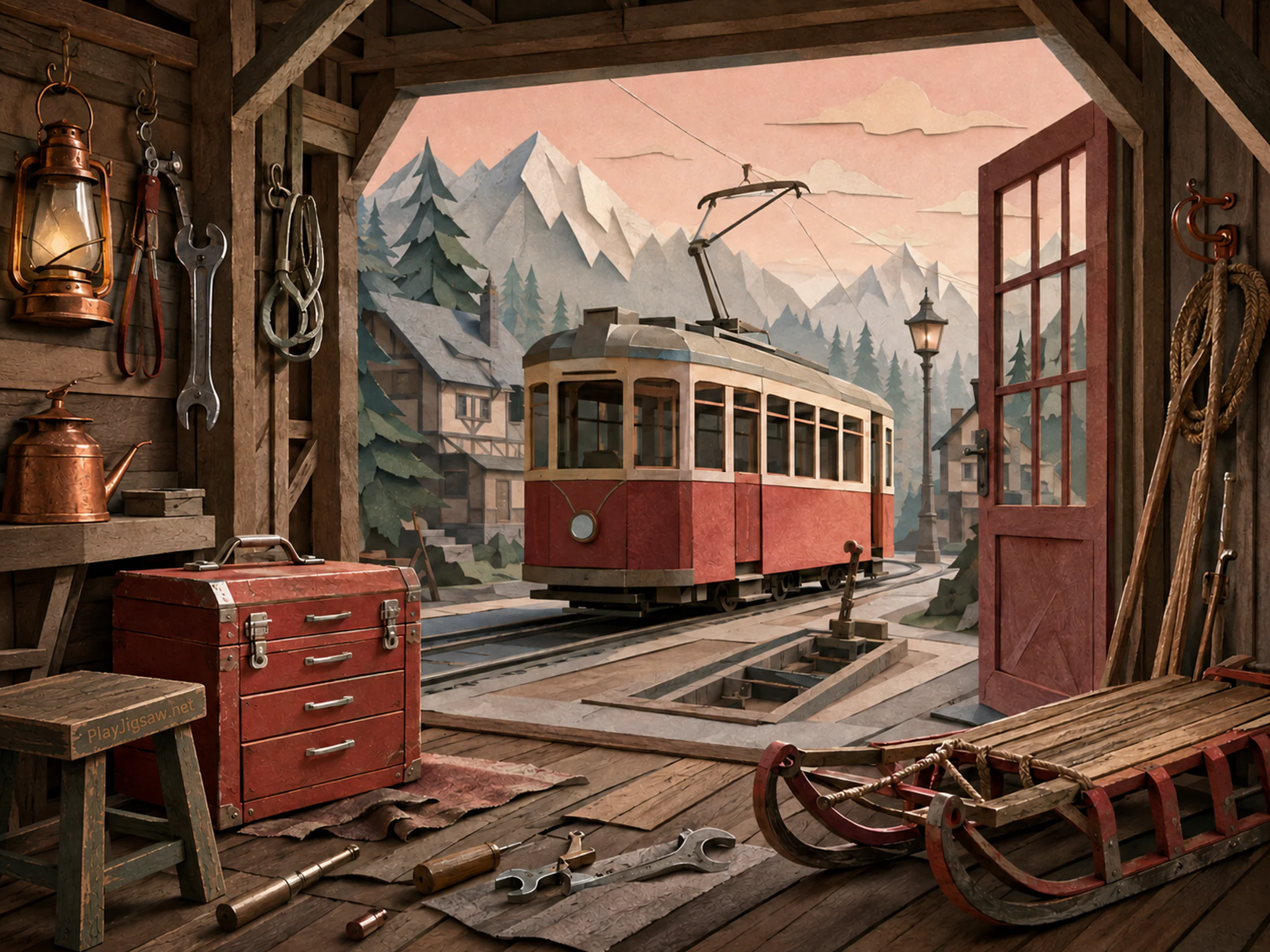 city tram depot parked or serviced beside a red metal toolbox in a mountain-rescue garage with a familiar sled and hand tools, with familiar objects and calm misty dawn.