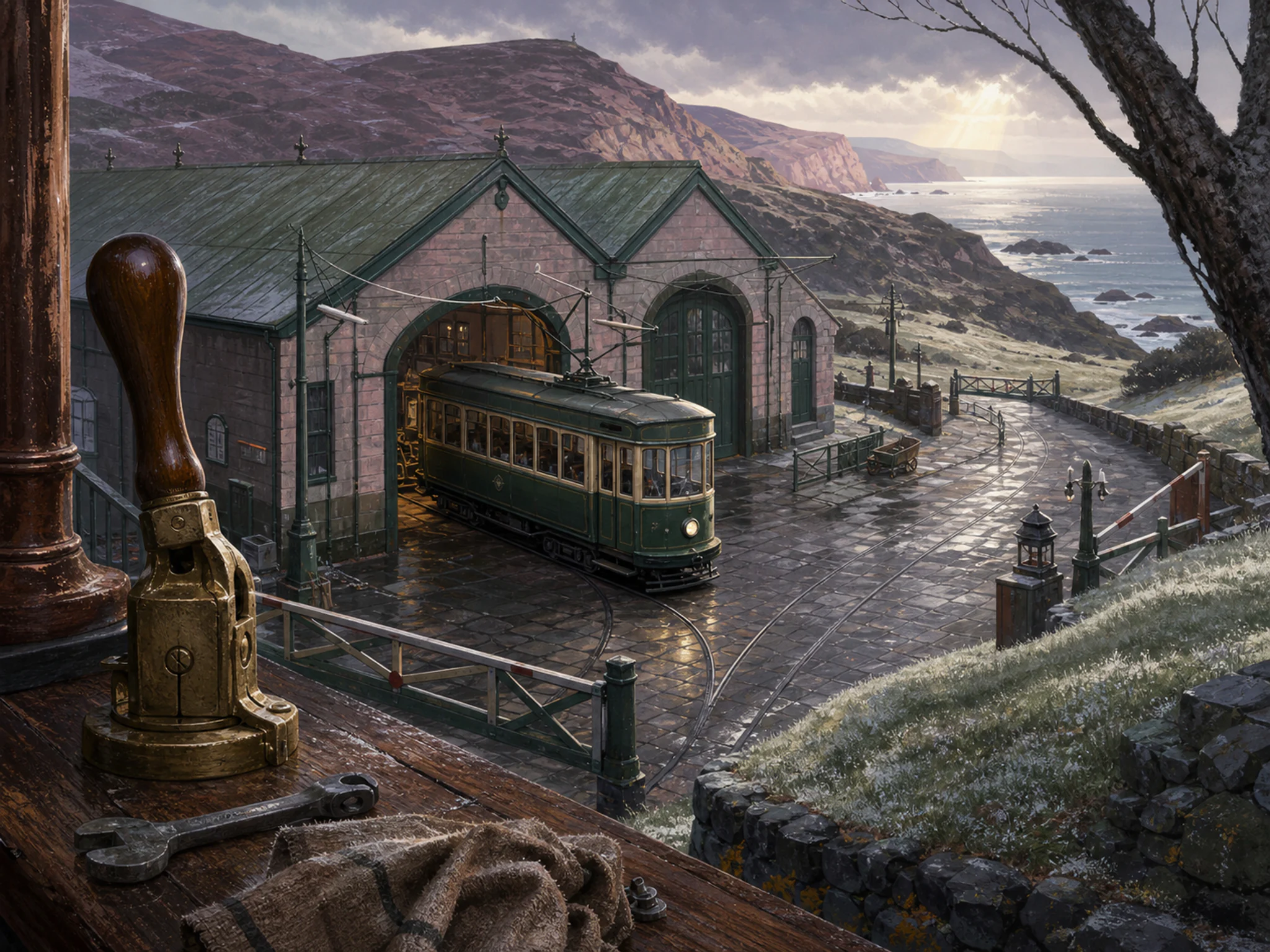 Emerald Streetcar waiting under brass ticket punch in a historic transit depot, composed as high oblique landscape view with four large terrain or roof shapes, a navigable route.