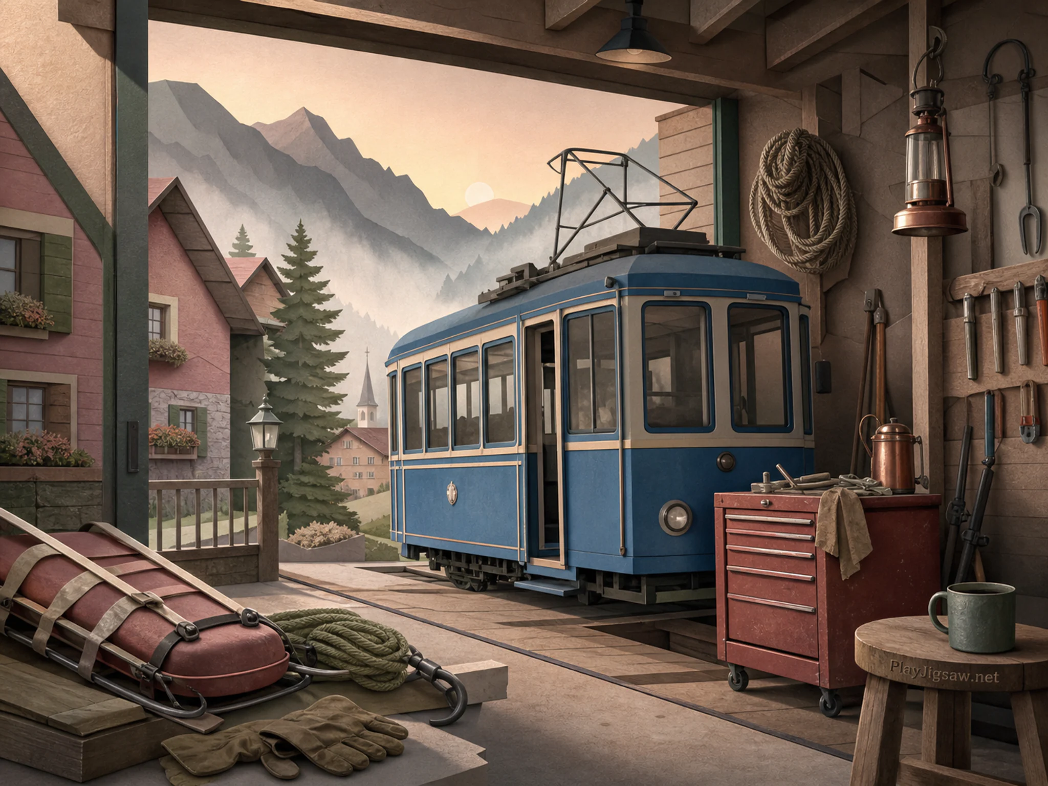 blue tram parked or serviced beside a red metal toolbox in a mountain-rescue garage with a familiar sled and hand tools, with familiar objects and calm misty dawn.