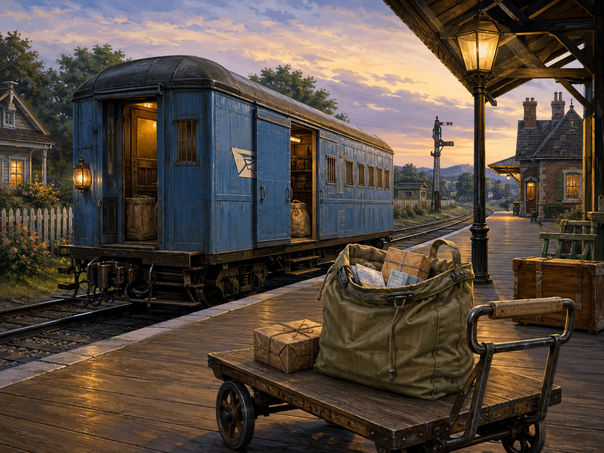 mail railcar parked or serviced beside a canvas luggage bag in a familiar railway platform with a vintage baggage cart, with familiar objects and warm lamplight at dusk.