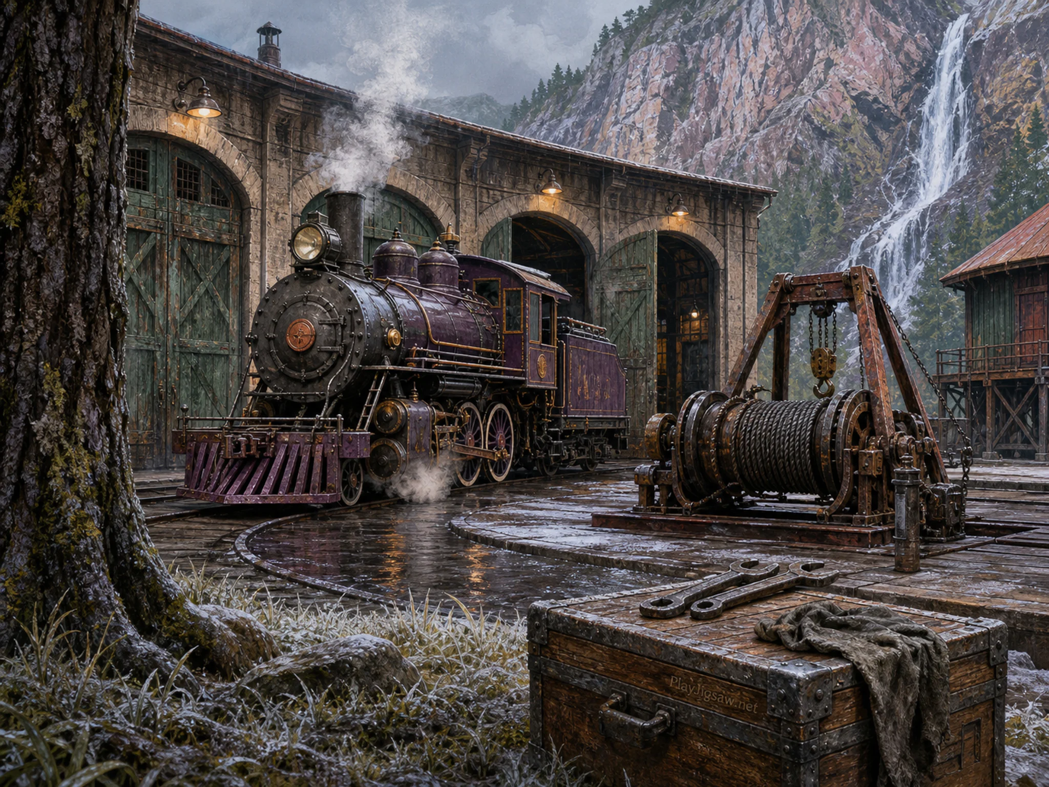 Mountain Steam Train serviced beside heavy recovery winch in a historic transit depot, composed as calm near-symmetry broken by one working action, one asymmetrical weather.