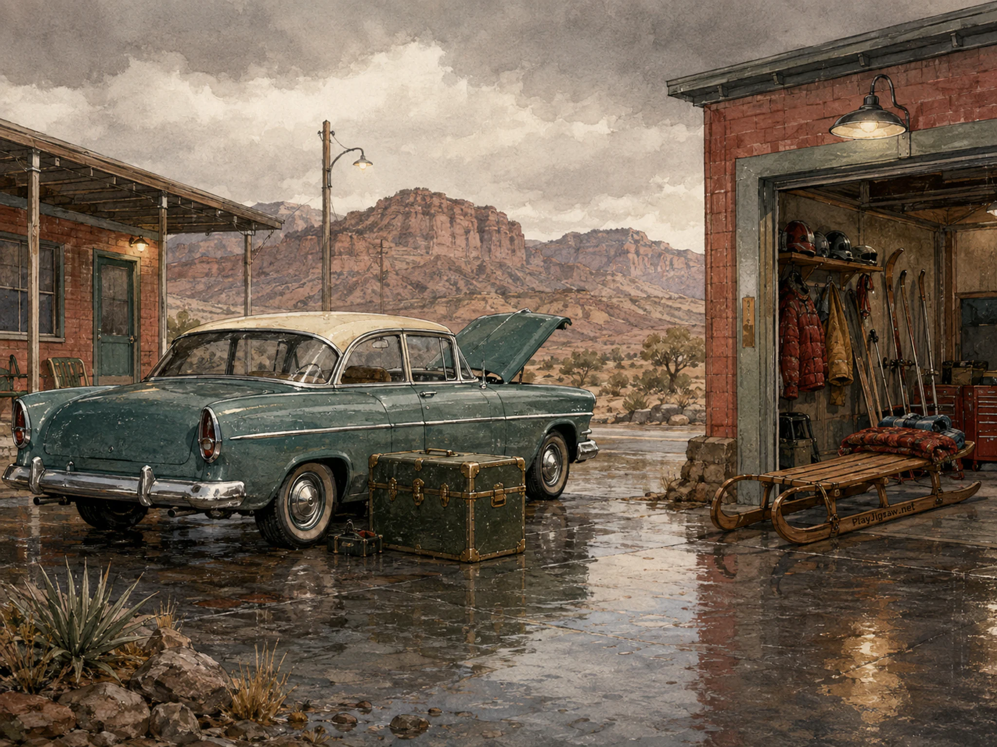 desert motel car parked or serviced beside a green travel trunk in a second mountain-rescue garage with a sled and winter gear, with familiar objects and gentle rain with crisp.